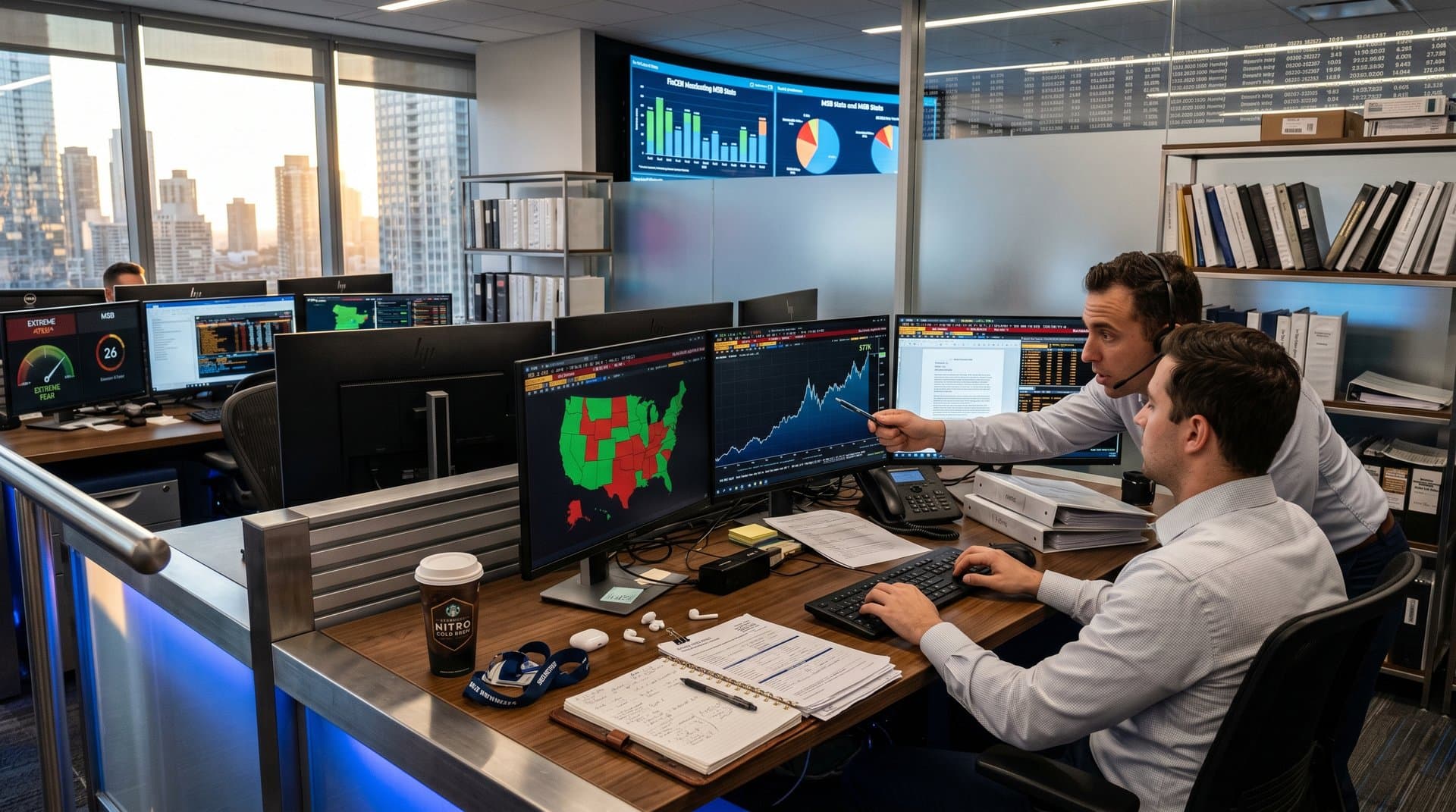 Fintech desk displaying U.S. crypto kiosk regulation maps, BTC at $77K, compliance data