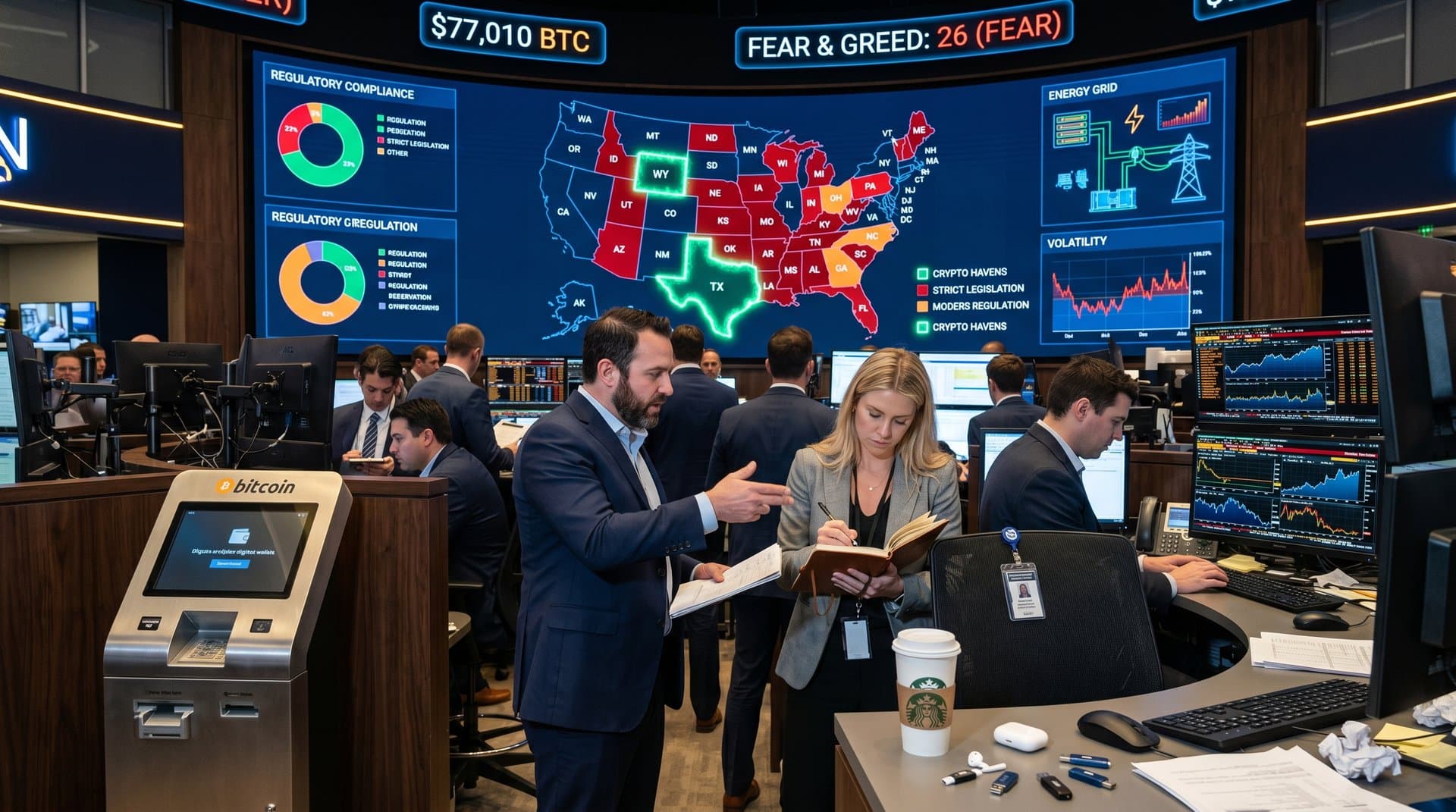 U.S. map highlighting crypto kiosk regulation havens in Wyoming and Texas with BTC charts and kiosks