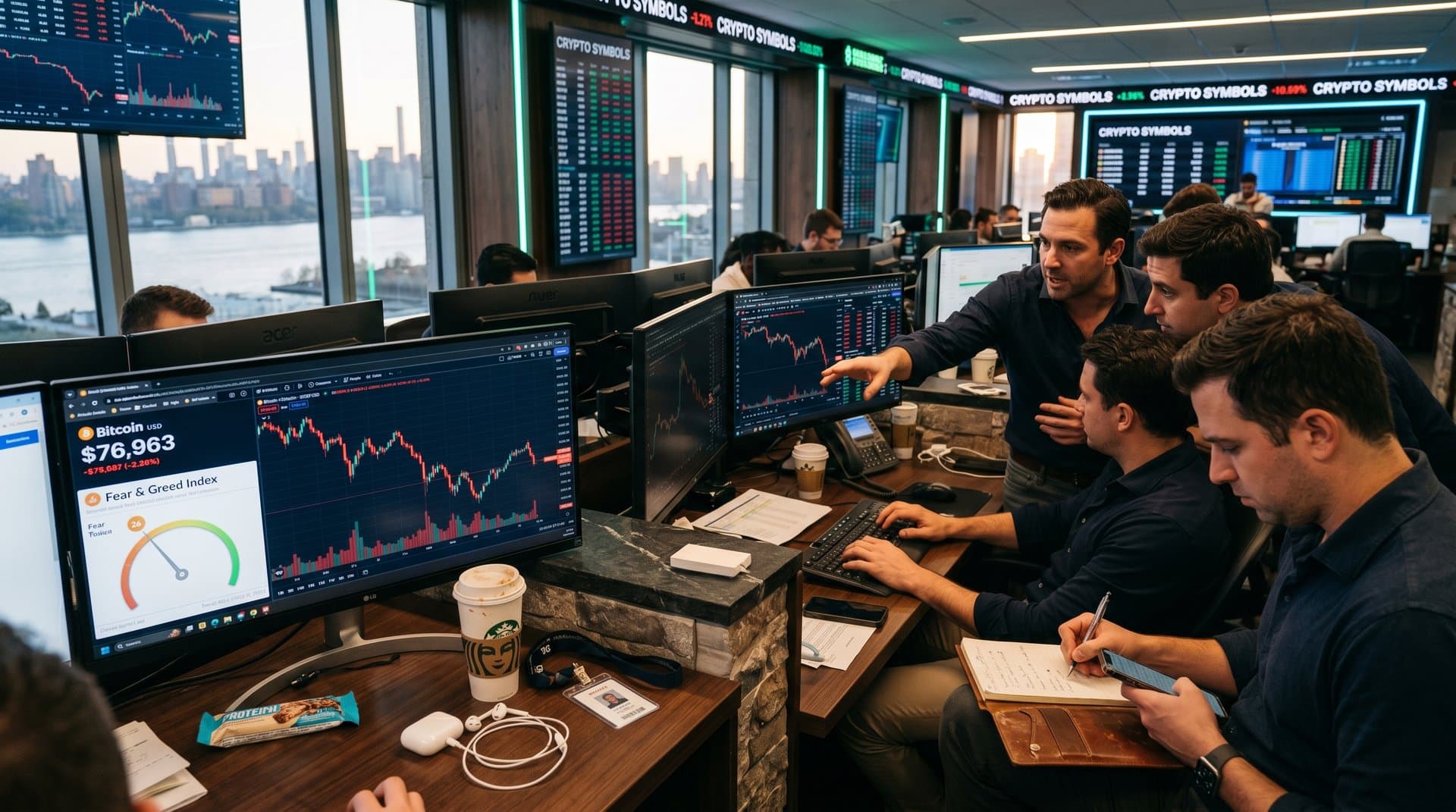 Trading desks with Bloomberg terminals showing Bitcoin charts at $76,963 and Fear & Greed Index amid city skyline