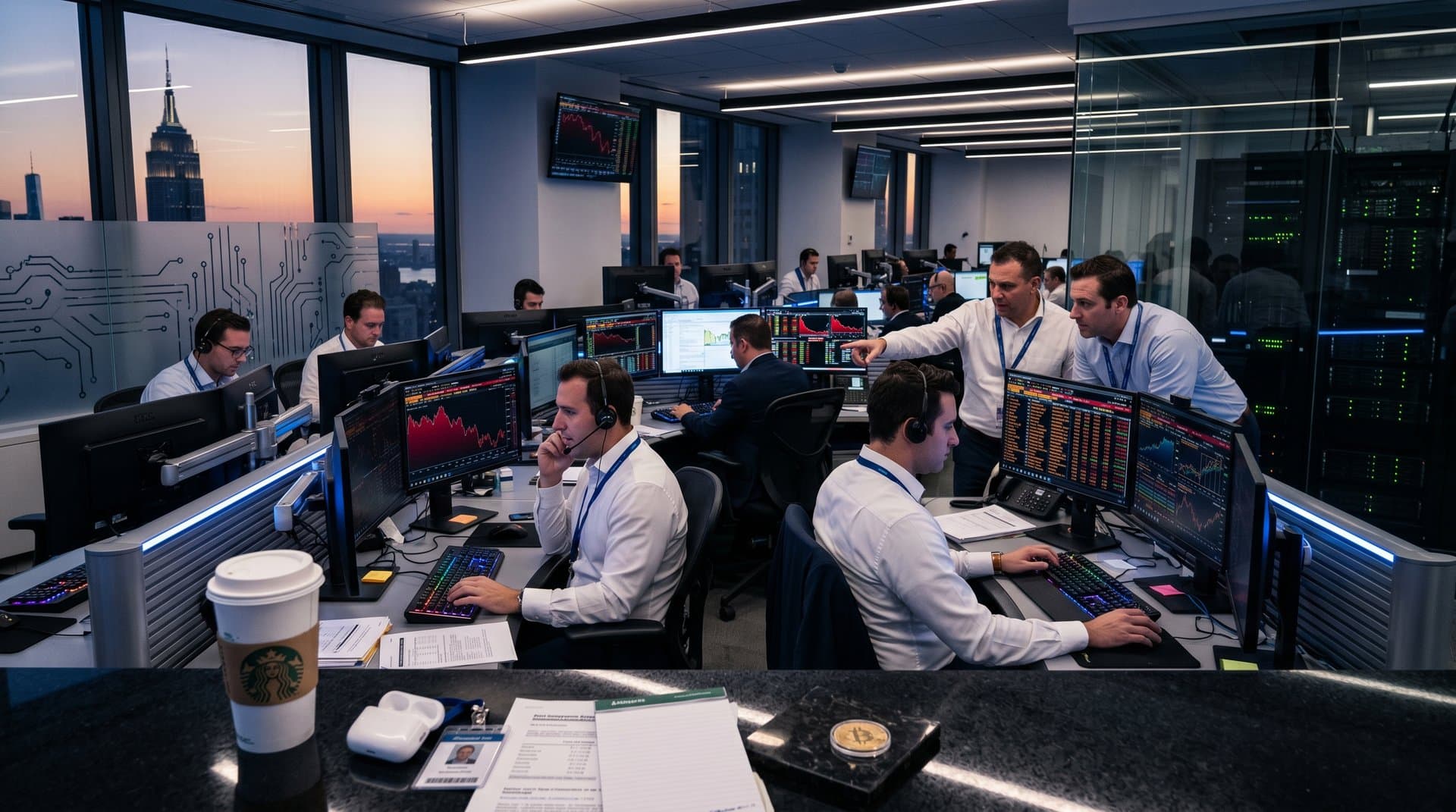 Trading floor screens show Robinhood charts, BTC prices, Fear & Greed at 26 amid skyline