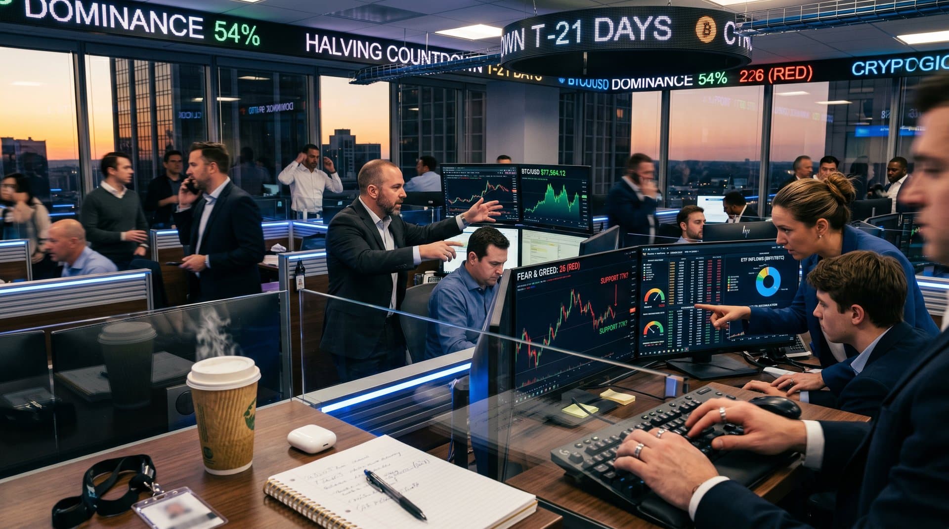 Abstract fintech trading floor with Bitcoin $77K charts, Fear & Greed at 26, ETF flows, and crypto metrics
