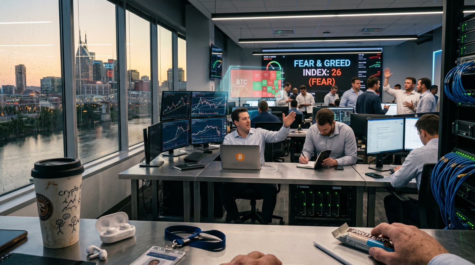 Nashville fintech data center with server racks, crypto heatmaps, and compliance dashboards overlooking city skyline