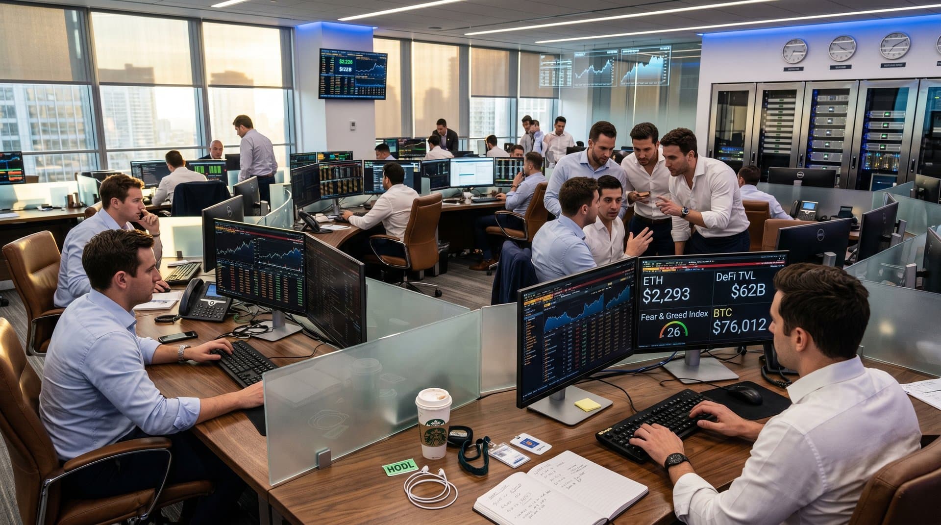 Modern trading desk with Bloomberg terminals showing ETH price at $2,293, DeFi data, and Fear & Greed index under blue LED lighting