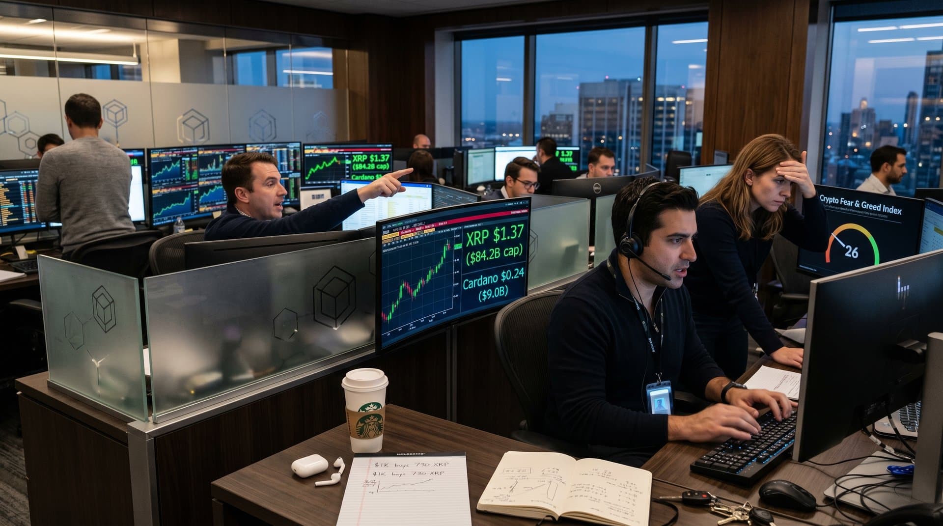 Trading floor Bloomberg terminals display XRP and Cardano charts with city skyline at dusk