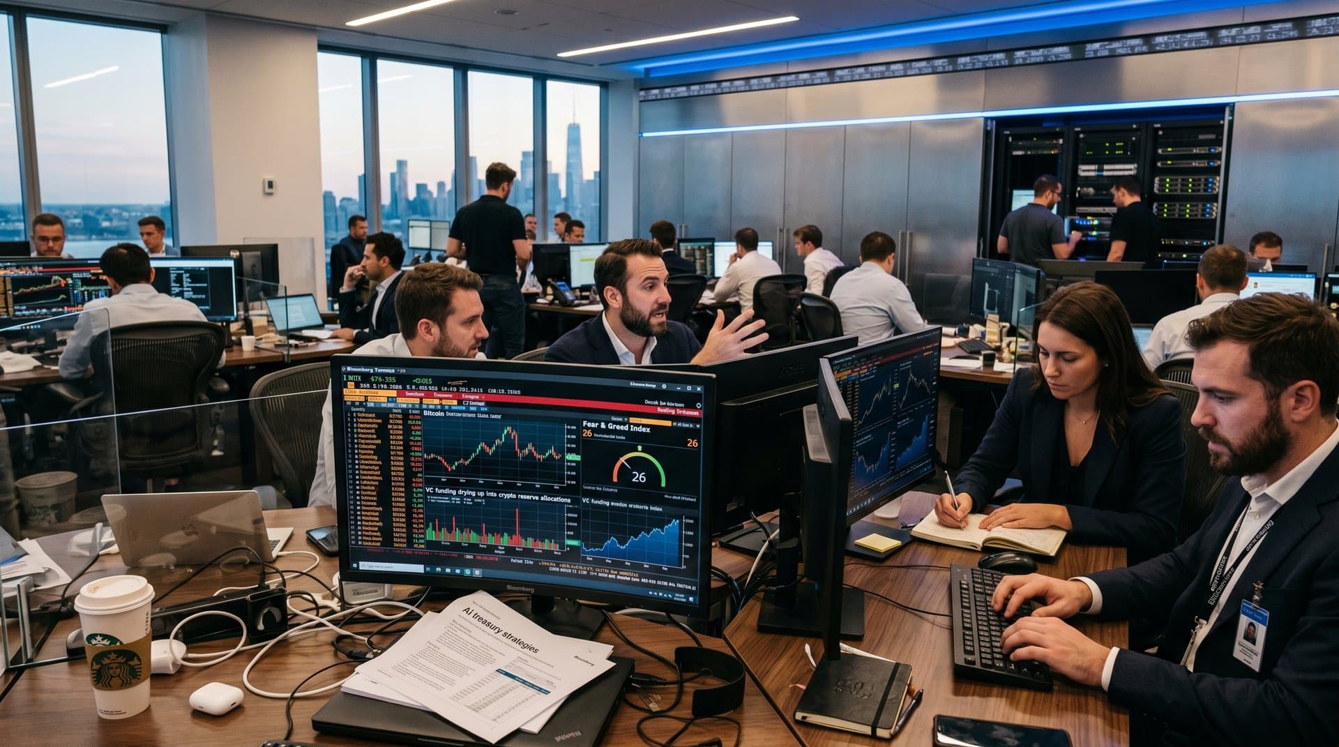 Abstract trading screens showing Bitcoin at $75,915, Fear & Greed 26, VC to crypto shifts in modern finance room