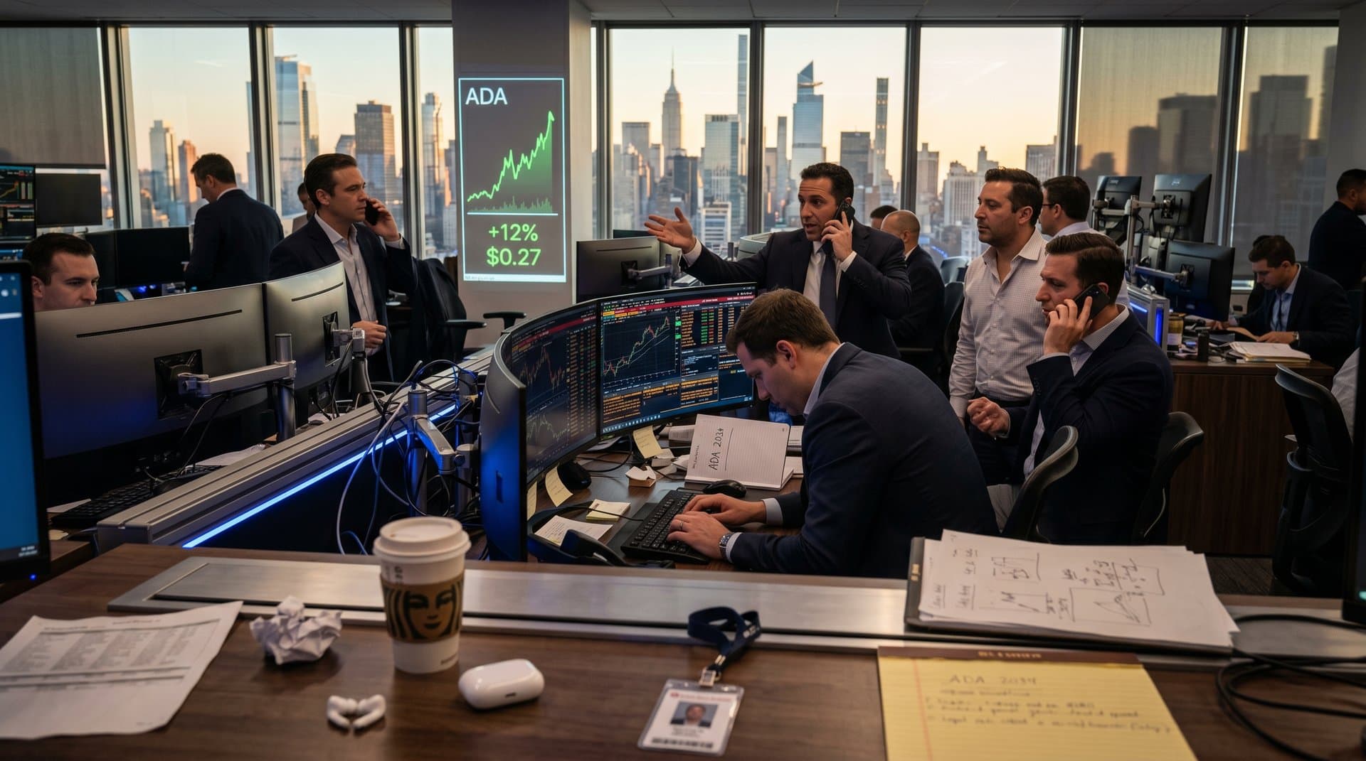 Executives analyze crypto charts with ADA price at $0.24, stablecoin data, and market trends in modern trading office