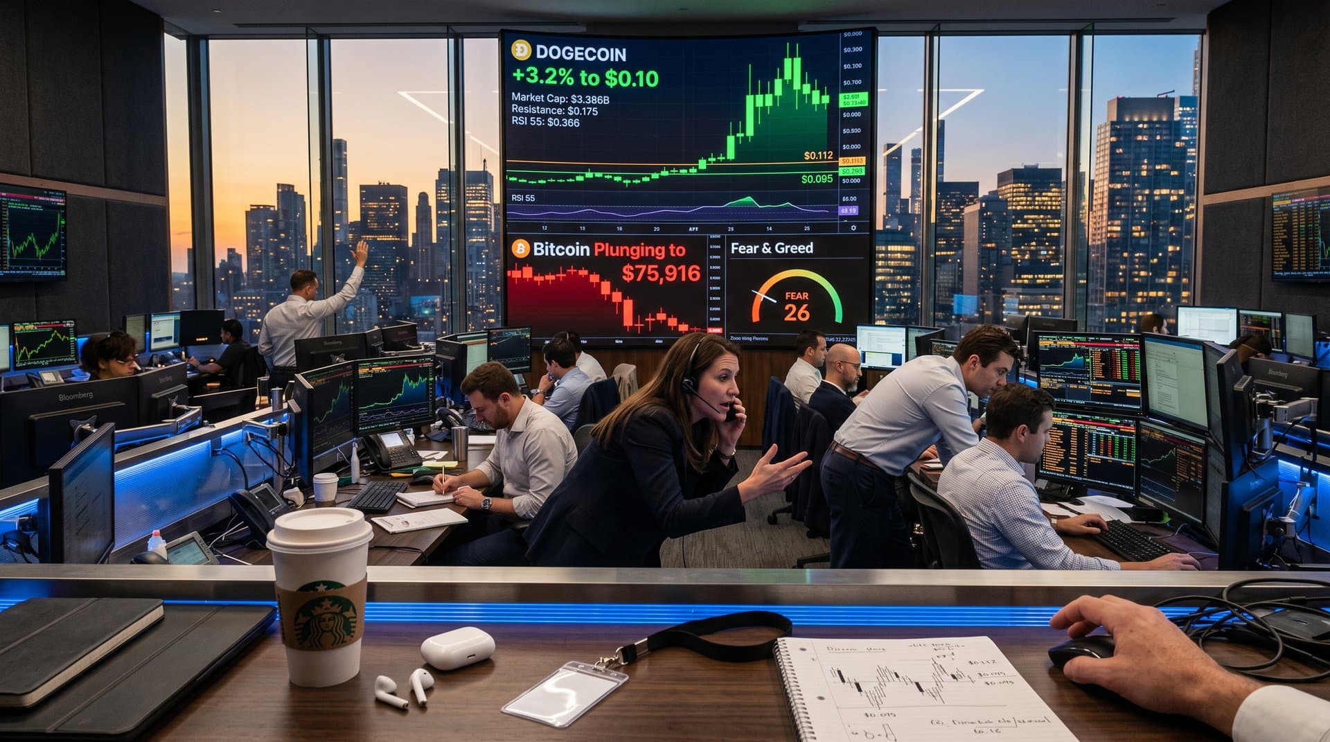 Trading screens display DOGE at $0.10 up 3.2% amid red crypto markets and Fear & Greed at 26