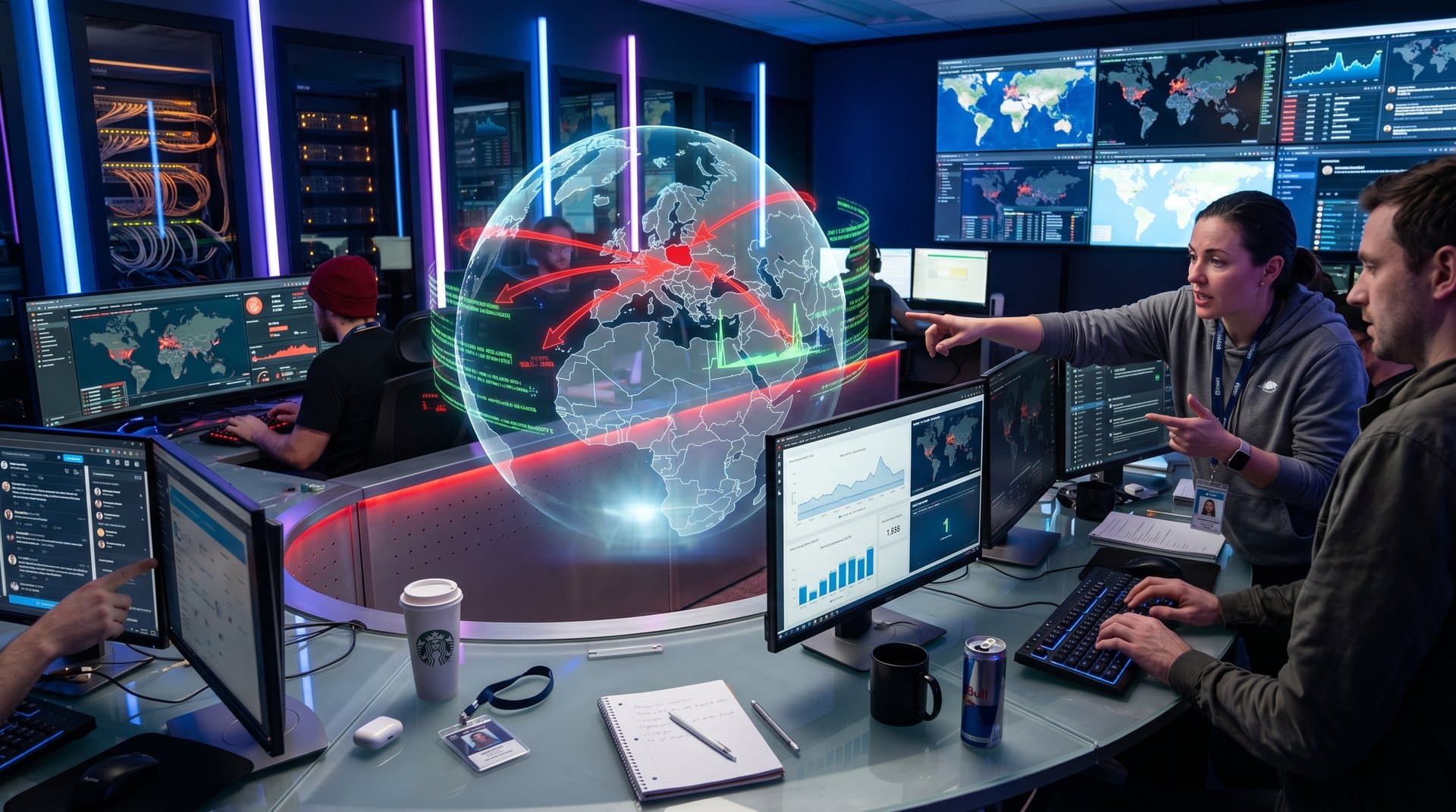 Cybersecurity analysts monitor Eastern Europe threat maps, blockchain bounties, and AI dashboards in high-tech operations center