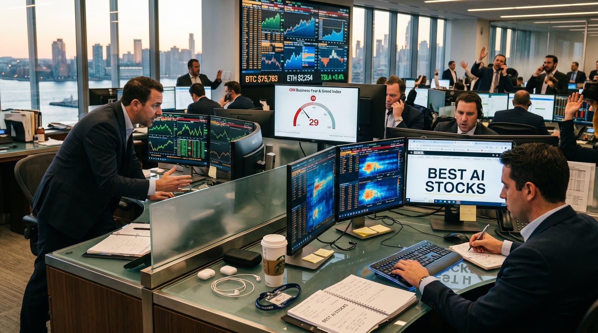 Trading desk screens show best artificial intelligence stocks charts, $100B chip demand, Fear & Greed at 29, crypto prices