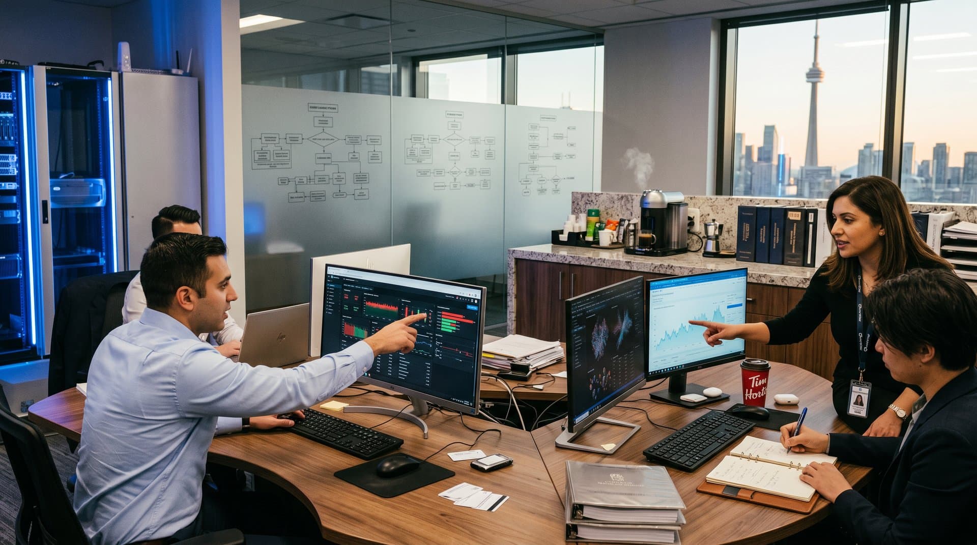 Blockchain dashboards and FINTRAC alerts on monitors in modern Toronto fintech ops center with CN Tower view