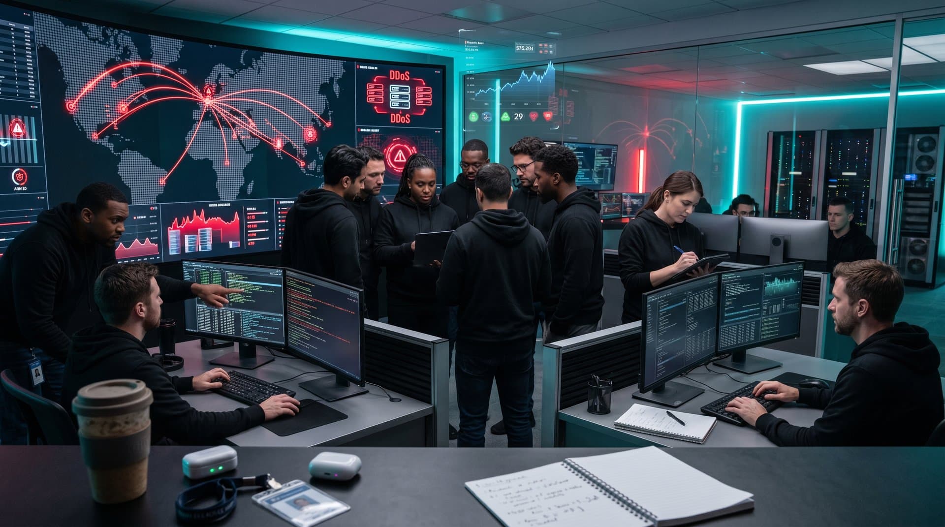 Cybersecurity team monitors pro-Russian hacker bounty threats in high-tech operations center with threat maps and crypto data