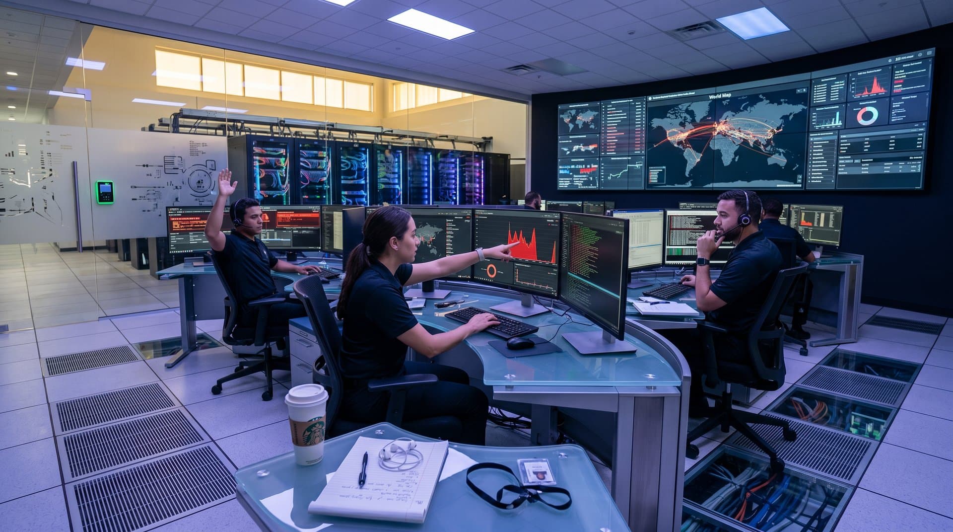 Cybersecurity analysts monitor DDoS threats and crypto bounties on multi-screen SOC dashboards amid server racks