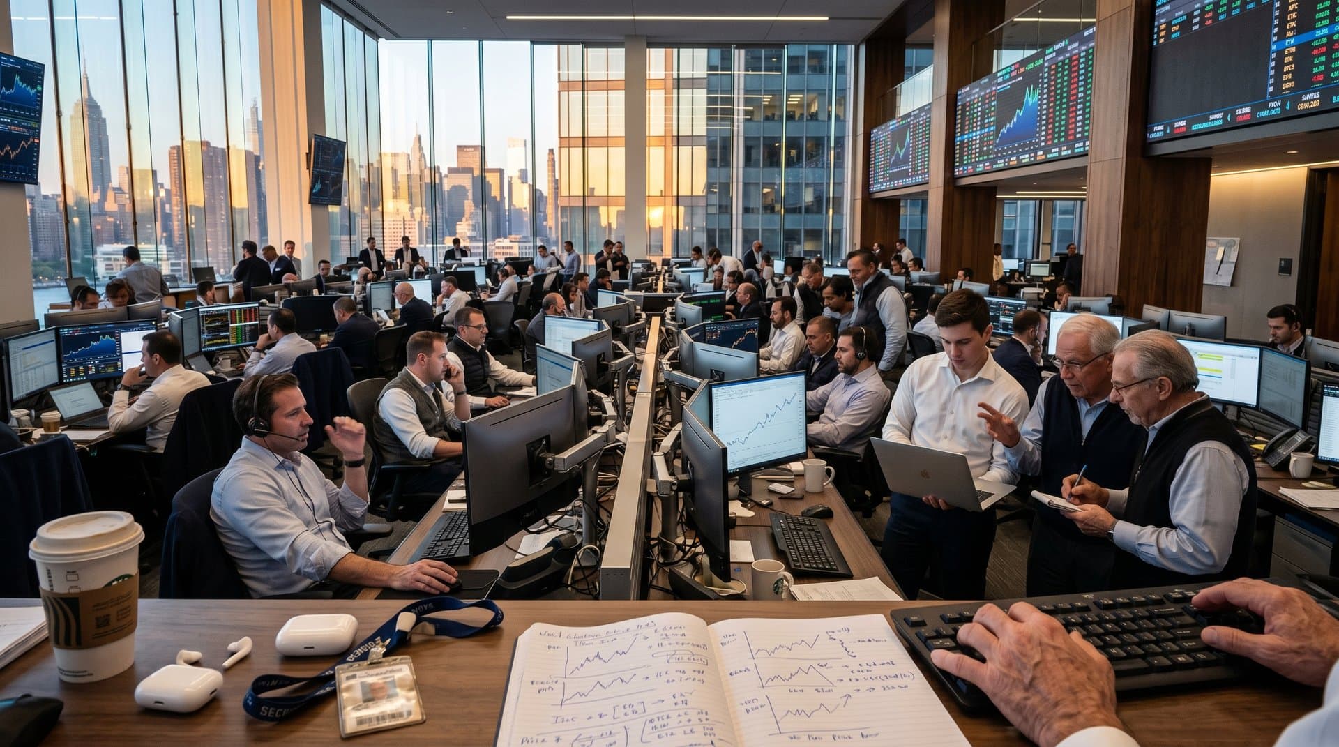 Wall Street analysts using ex-bankers AI platform on trading floor with Bloomberg terminals, crypto charts, and automated financial dashboards