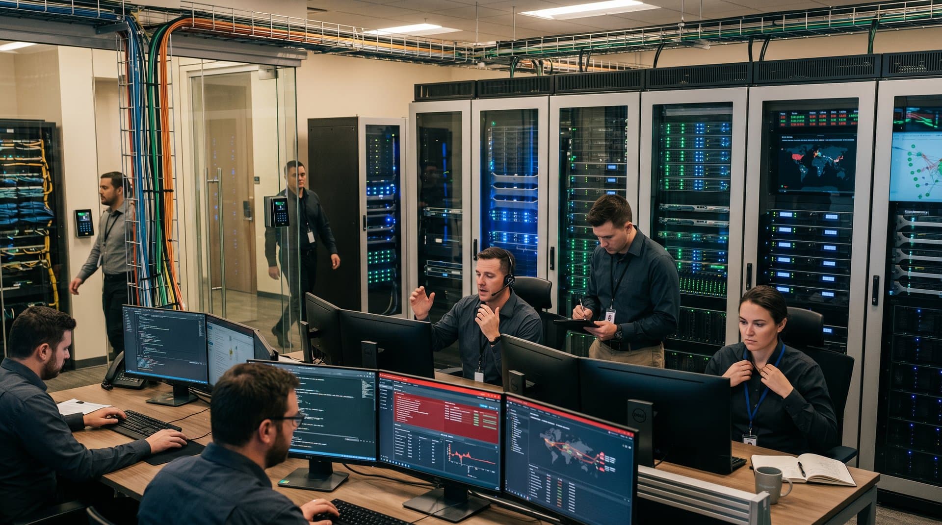 Cybersecurity team monitors pro-Russian crypto bounty threats in secure data center with crypto price dashboards