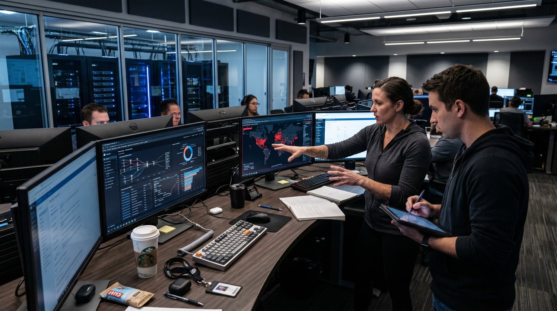 Cybersecurity team monitors pro-Russian hacker bounty threats in modern ops center with threat maps and crypto flow trackers