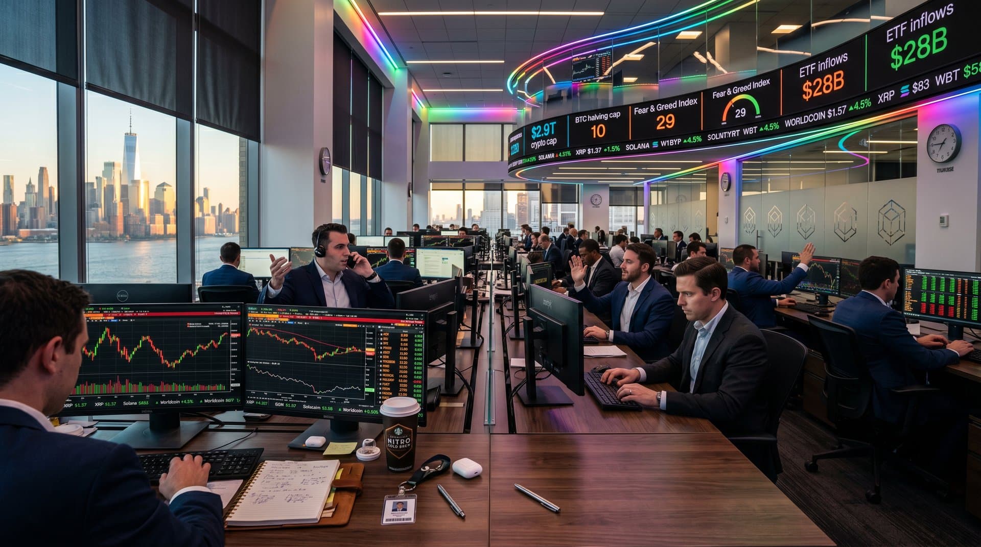 Wall Street trading floor with Bloomberg terminals showing BTC $76K charts, Fear & Greed 29, crypto prices, skyline view