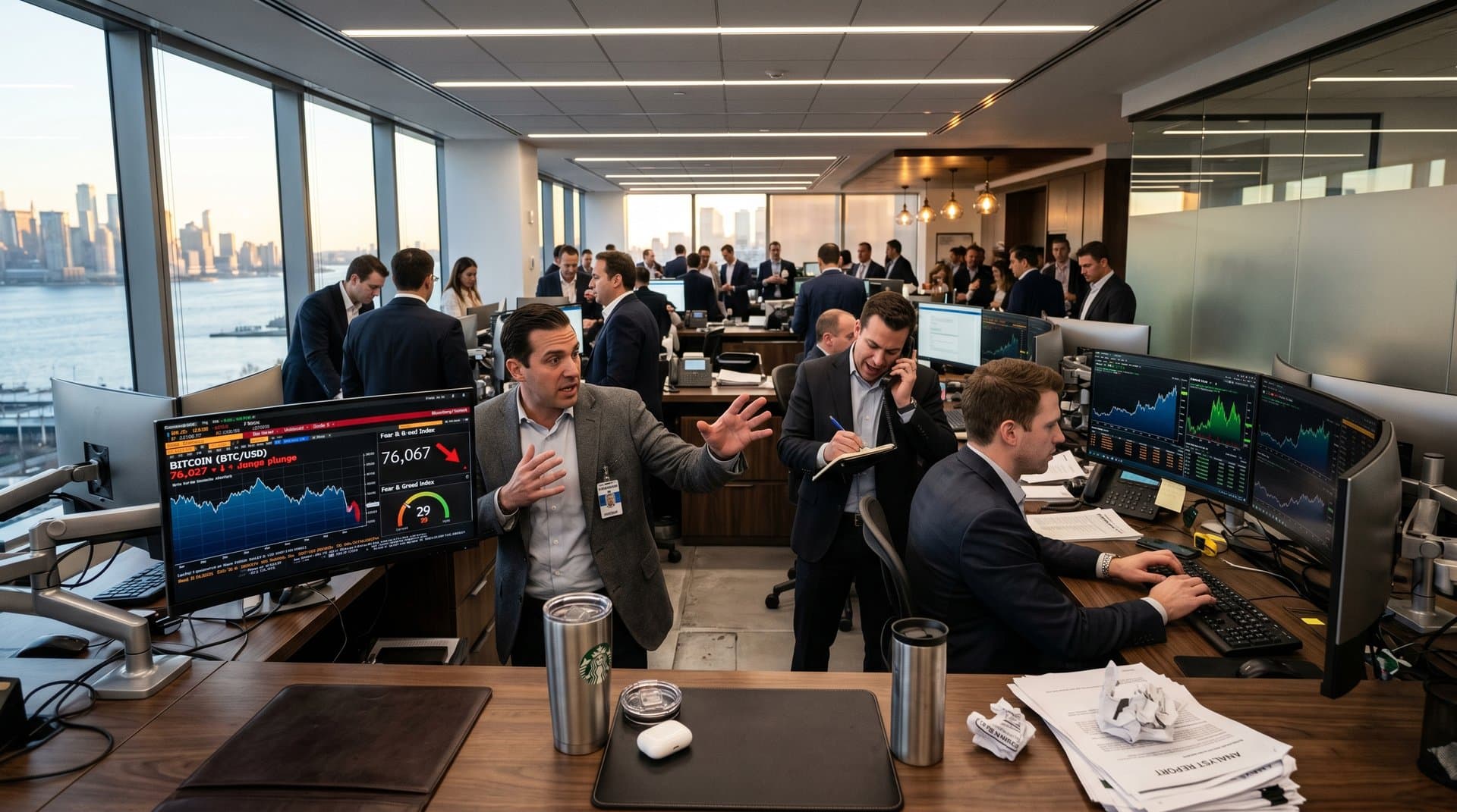 Wall Street trading floor with crypto charts on Bloomberg terminals showing BTC prices and Fear Index