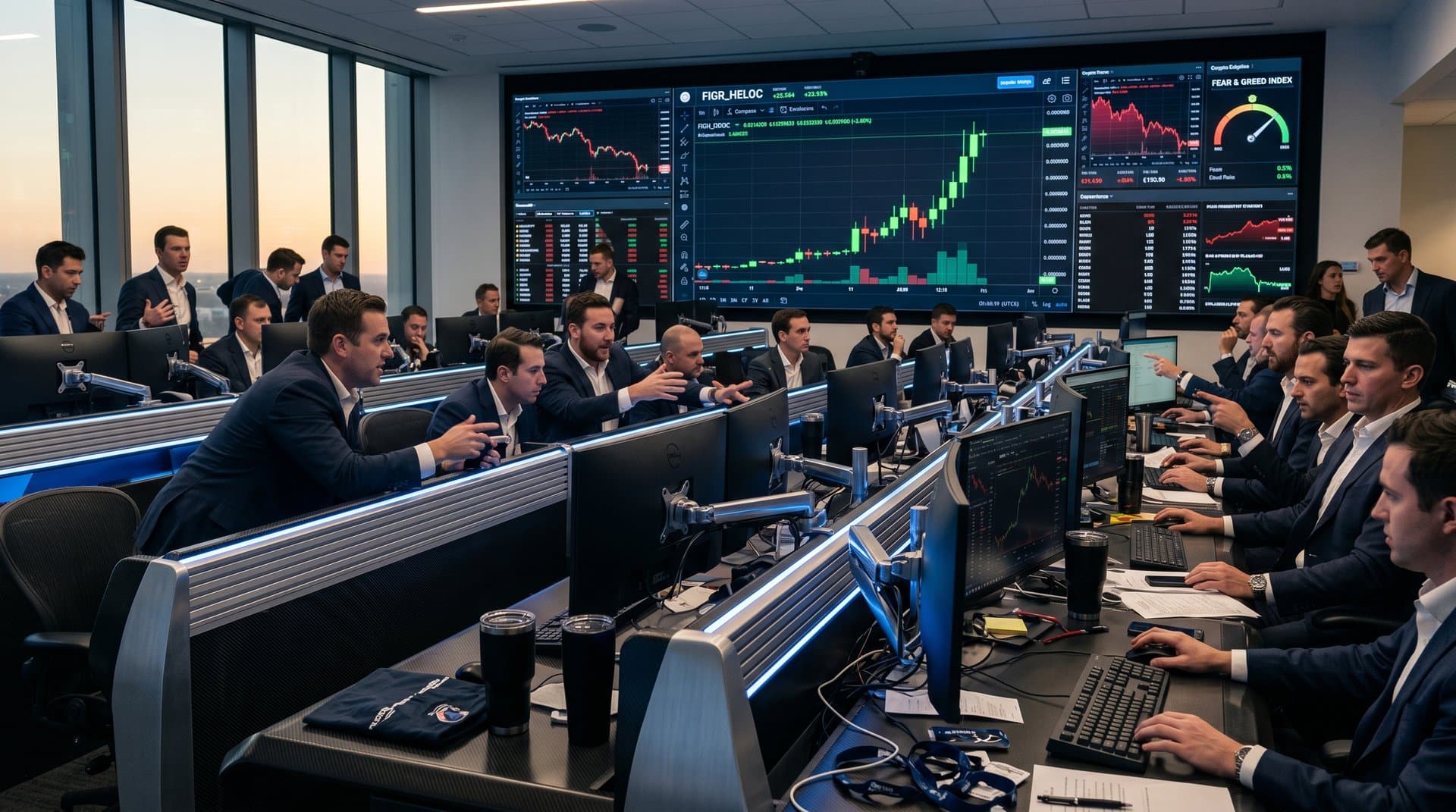 Trading screens showing FIGR_HELOC cryptocurrency skyrocket 2500%, BTC prices, and Fear & Greed Index at 29 on modern finance floor
