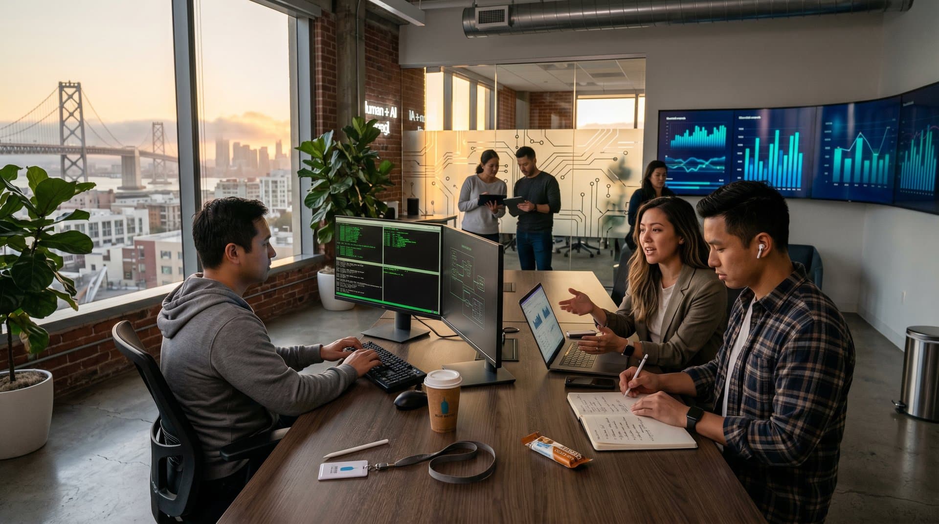 Diverse startup team collaborating on AI-proof jobs in modern San Francisco office with skyline view