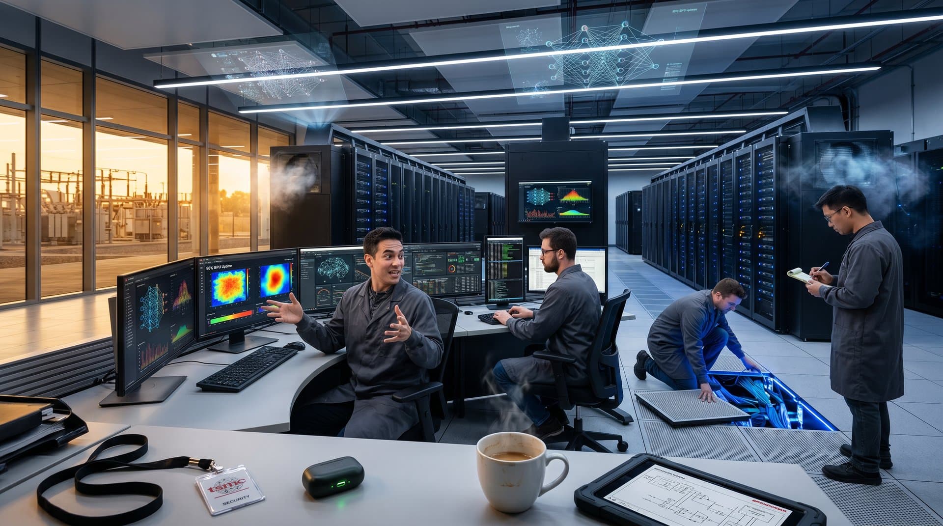 Futuristic data center hall with server racks, fiber optic cables, engineers monitoring AI dashboards, and exterior transformer yards at sunset