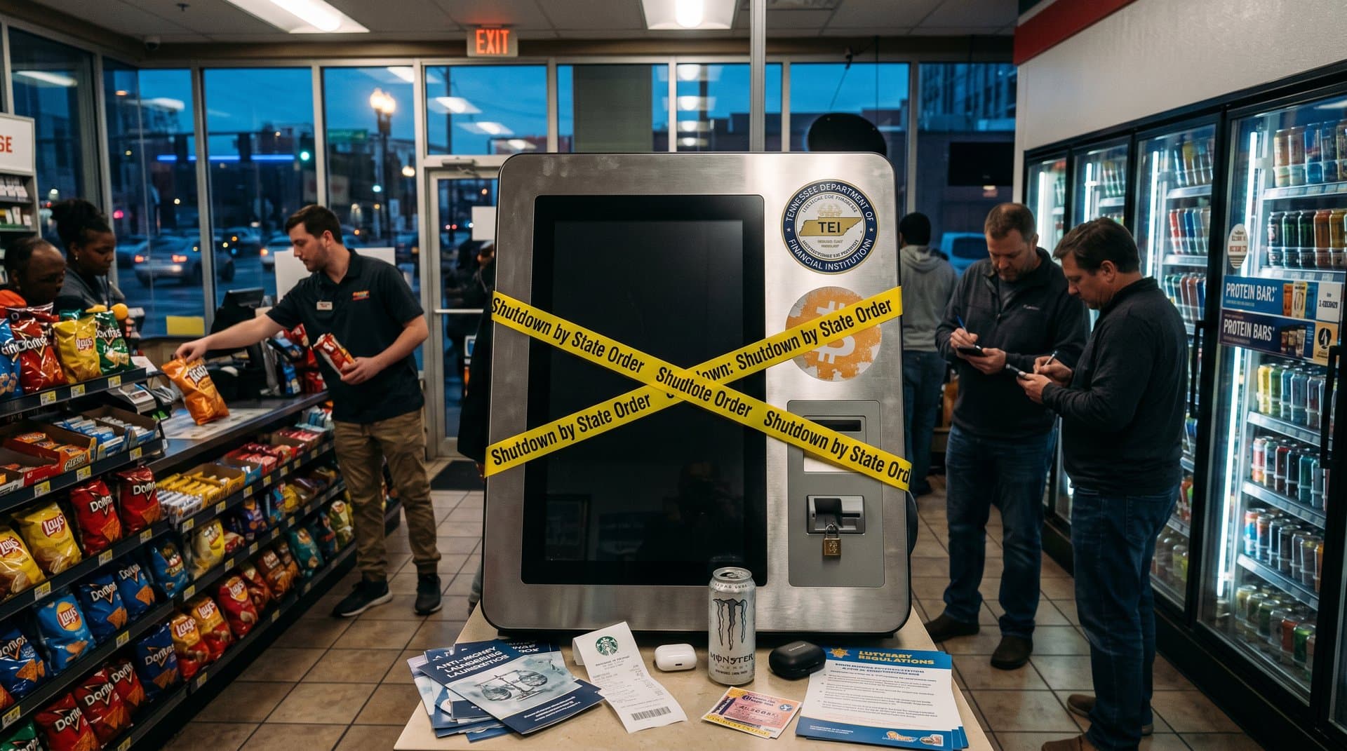 Shuttered crypto ATM in Nashville with regulatory shutdown notice and caution tape