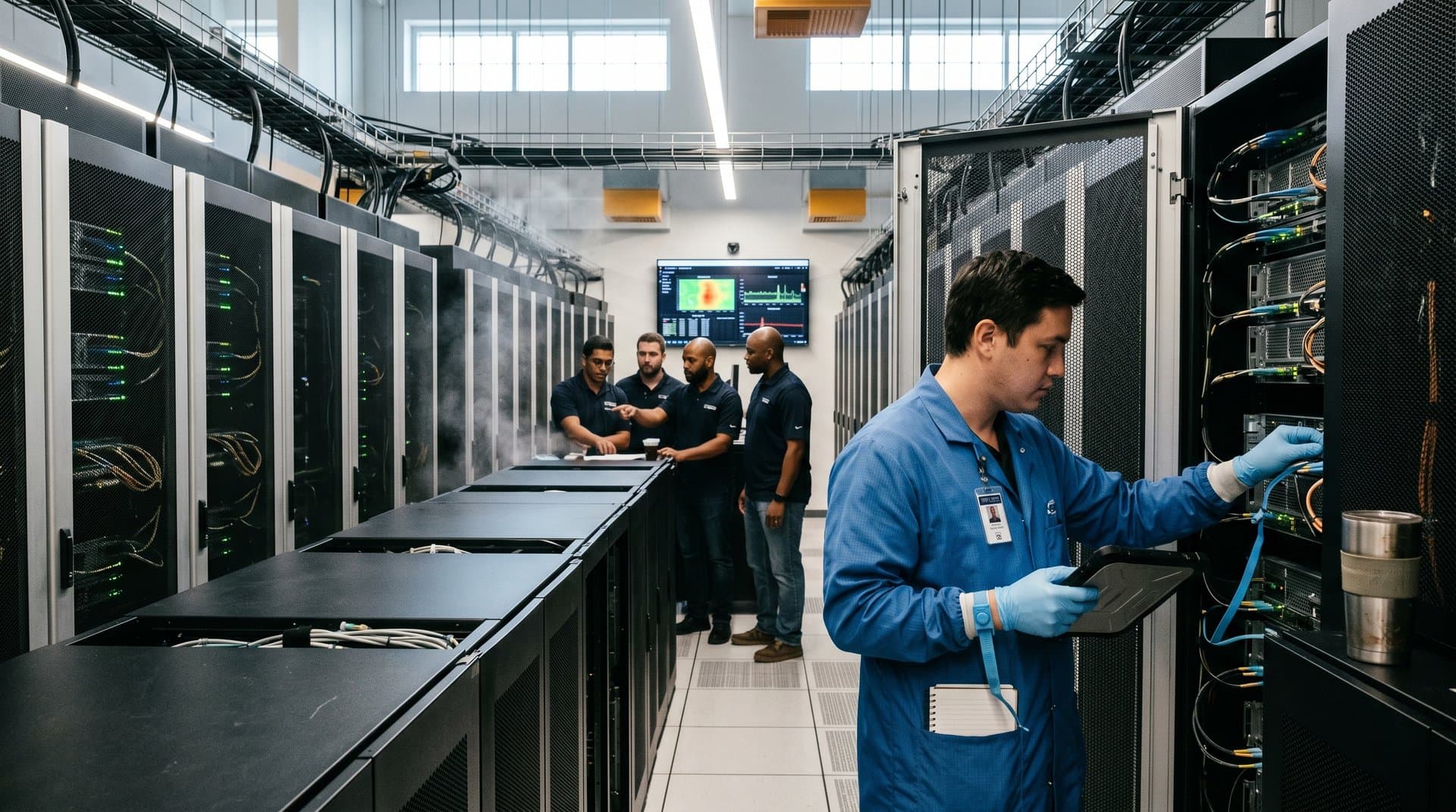 Technicians maintain Nvidia GPU servers in glowing data center racks for cloud AI infrastructure