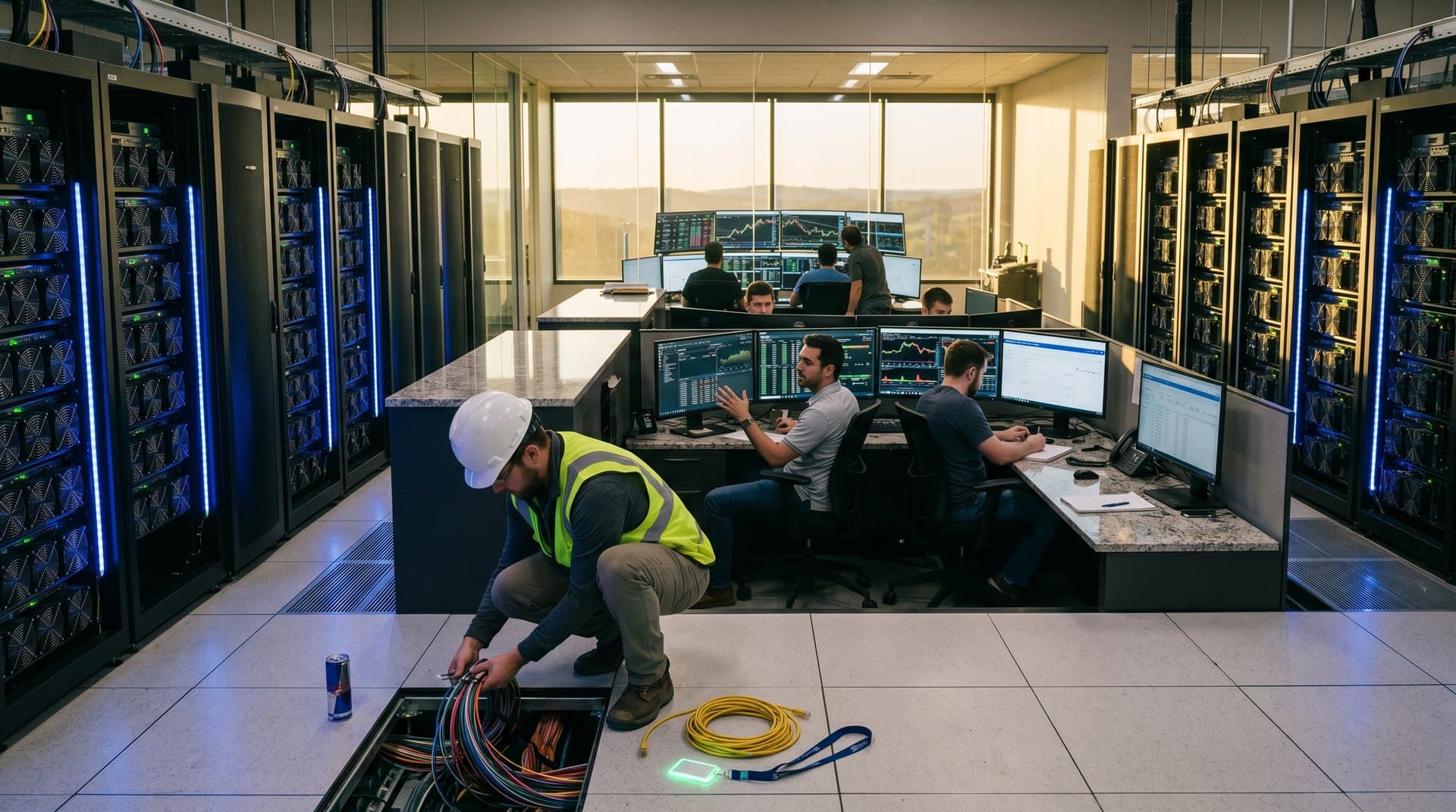 Blockchain mining data center servers with AI dashboards and Texas hill country view