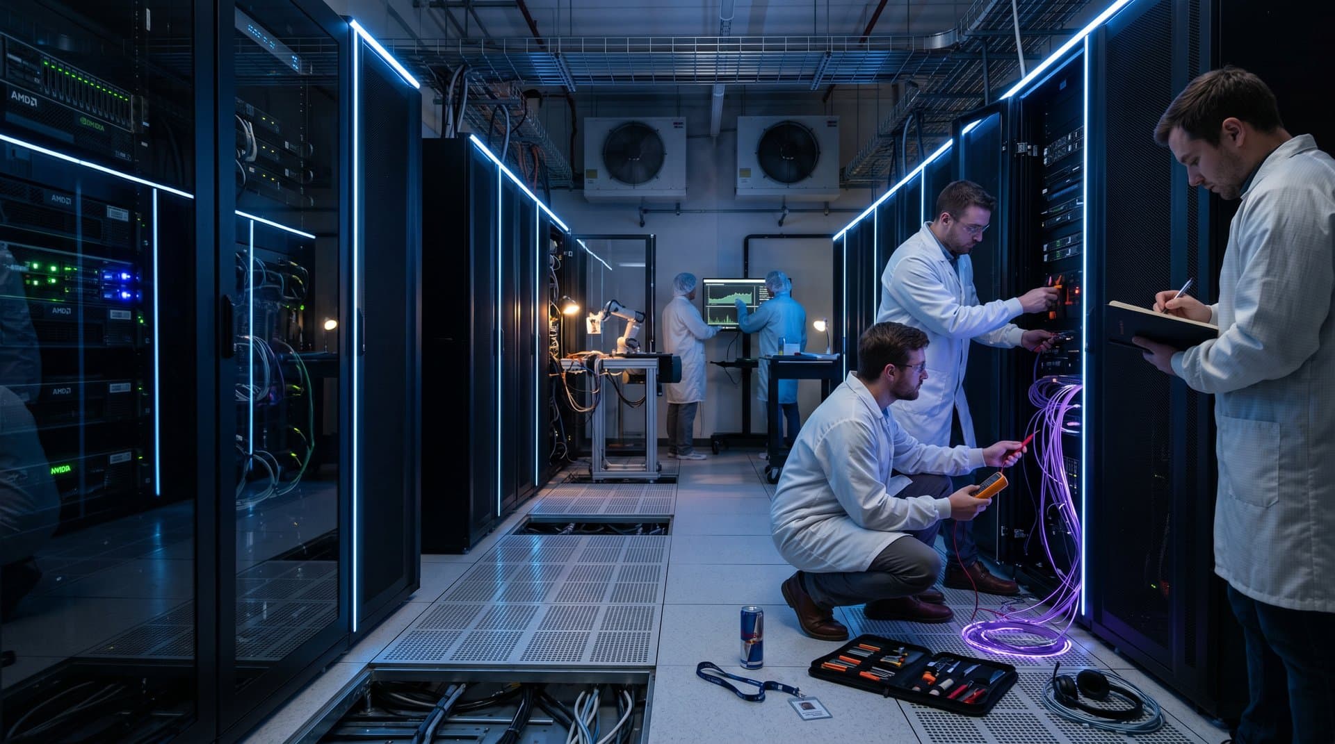 Engineers monitor AI servers in high-security data center with glowing racks and performance screens.