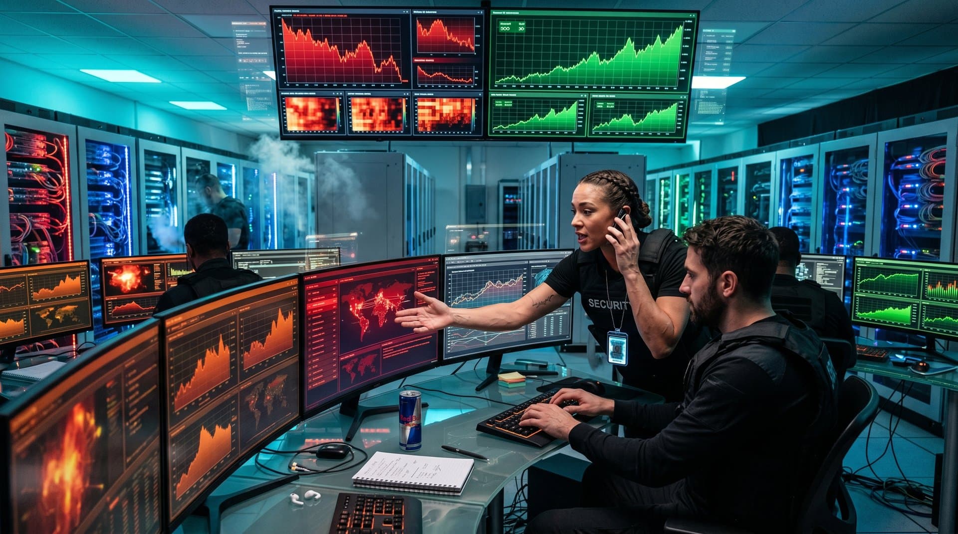 Data center engineers monitor AI cybersecurity dashboards amid glowing server racks and cable networks