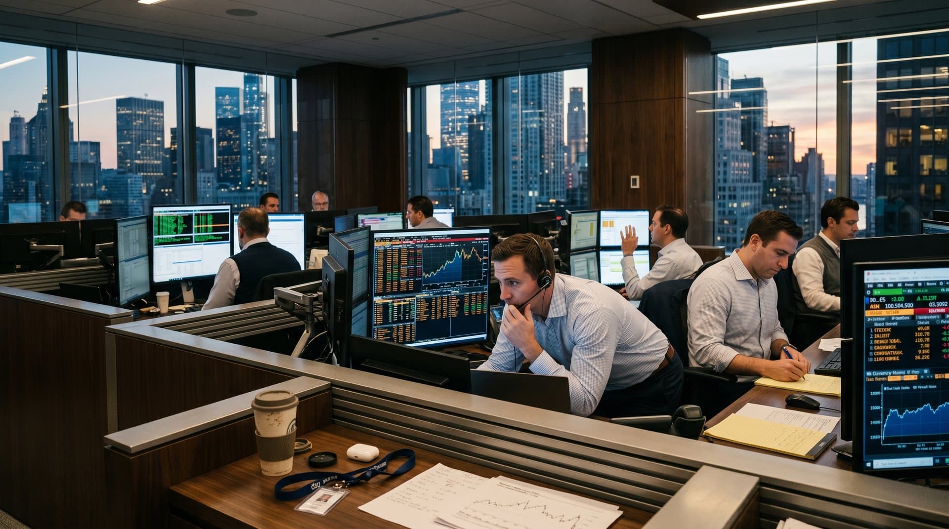 Portfolio managers analyze Nvidia AI stock charts on multi-monitor setups at trading floor