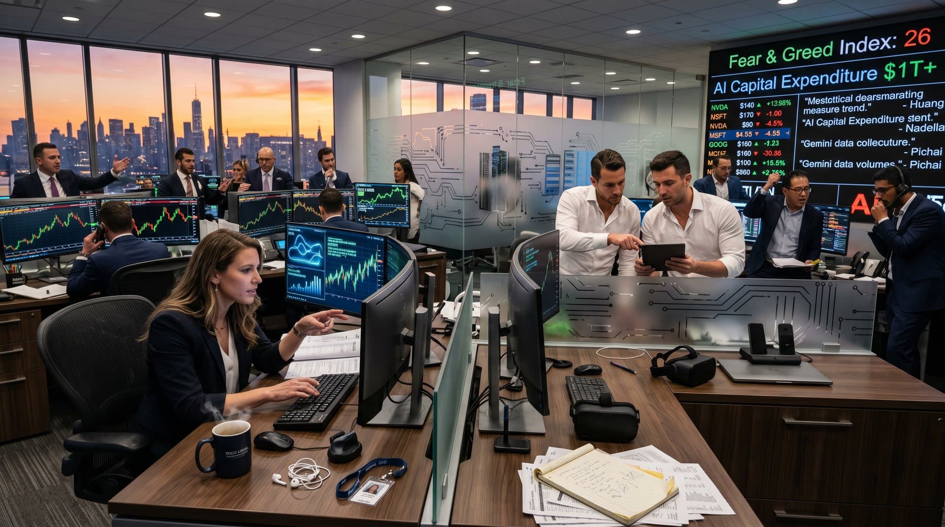 High-tech trading desk with Bloomberg charts of NVDA, MSFT, GOOG AI stocks, analysts reviewing data walls and 13F filings in modern fund office