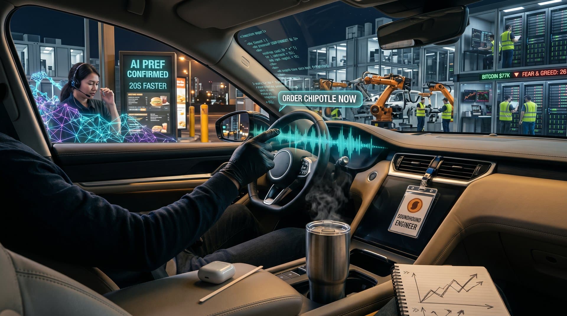 Voice AI dashboard in car merges with restaurant kiosk and rising stock chart