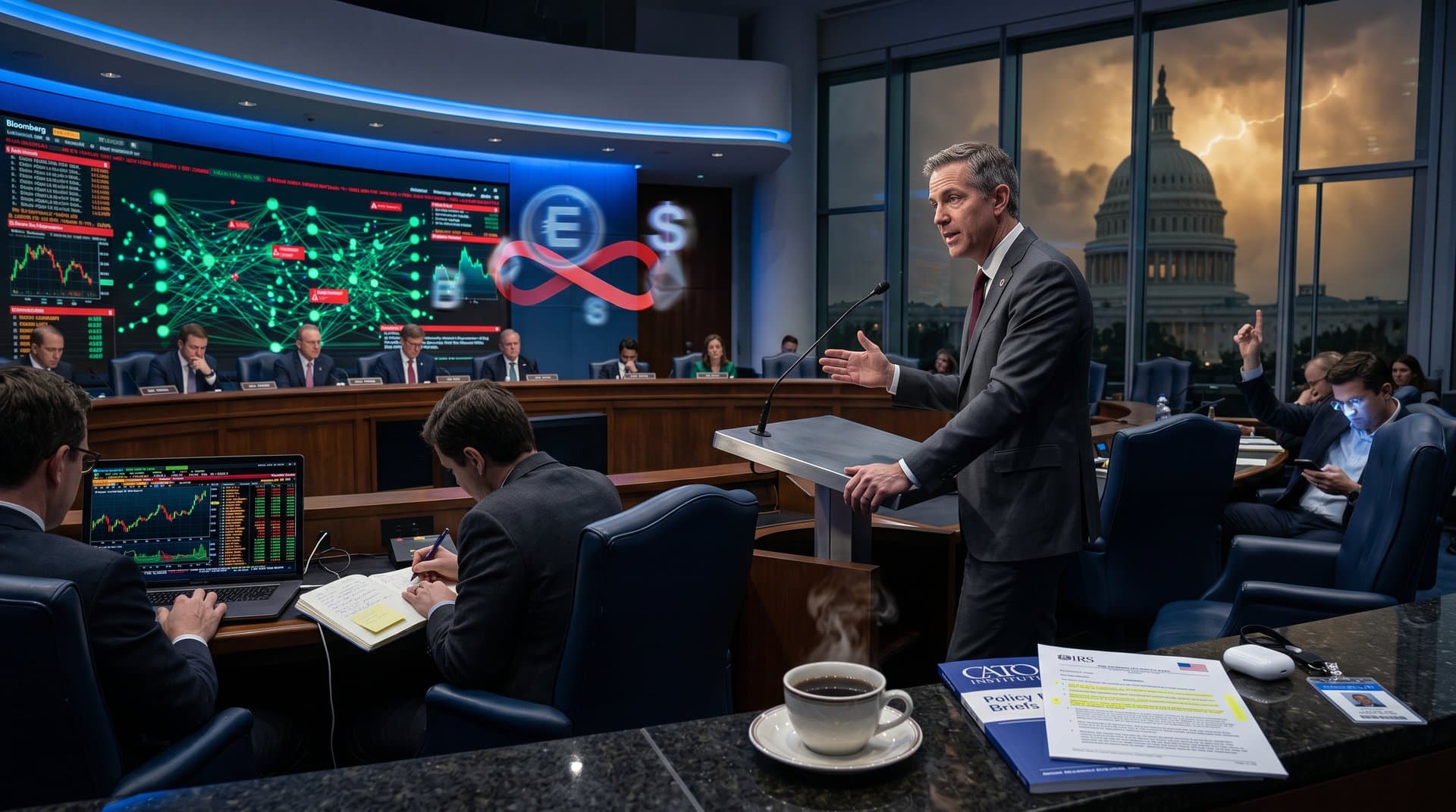 Senate hearing room with blockchain charts on screens, crypto prices on terminals, Capitol view