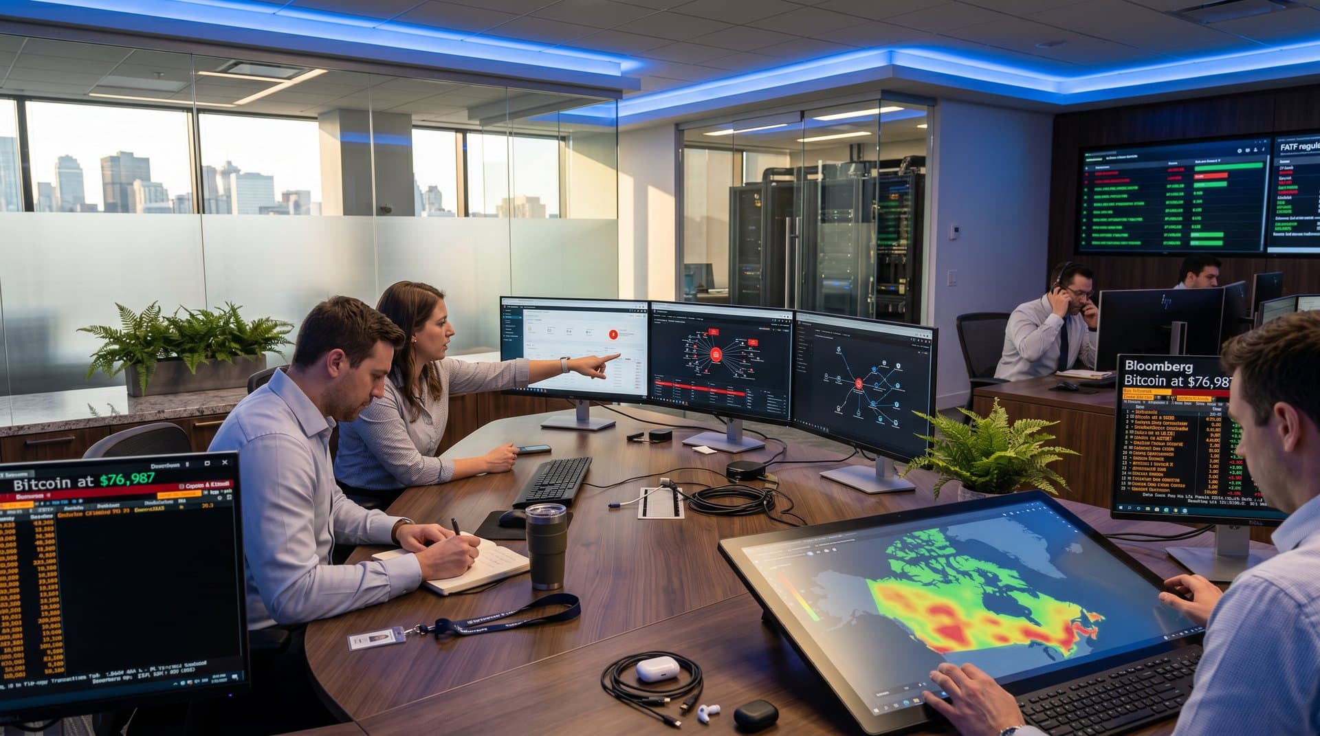 Modern FINTRAC compliance center dashboards showing crypto ATM risks and Bitcoin charts