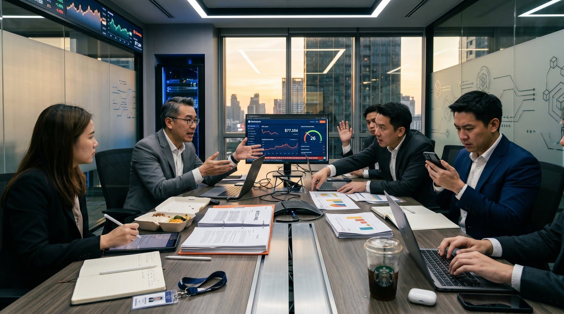 Fintech boardroom in Bangkok with compliance documents, blockchain analytics screens, and crypto market data amid scam crackdown news