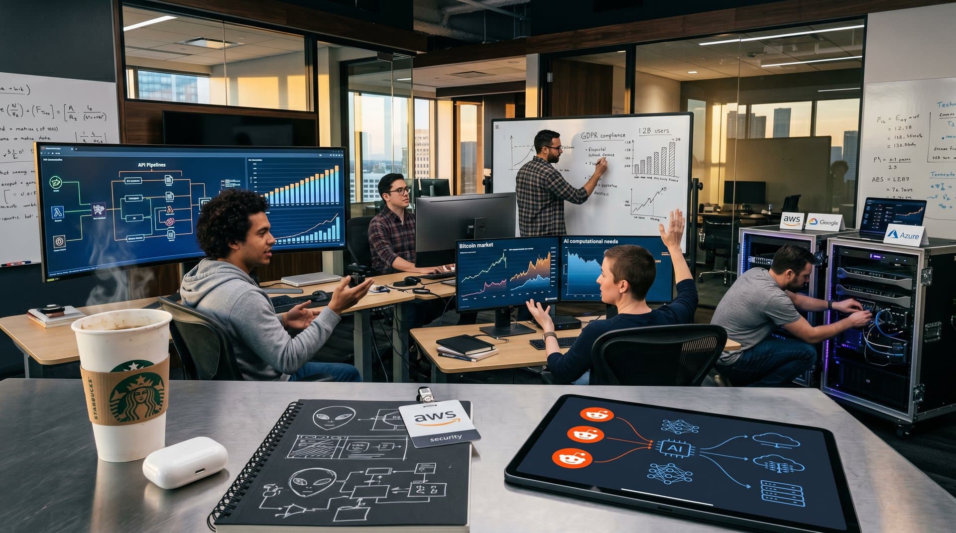 Futuristic tech office visualizing Reddit AI fuel data streams, licensing deals, and cloud servers