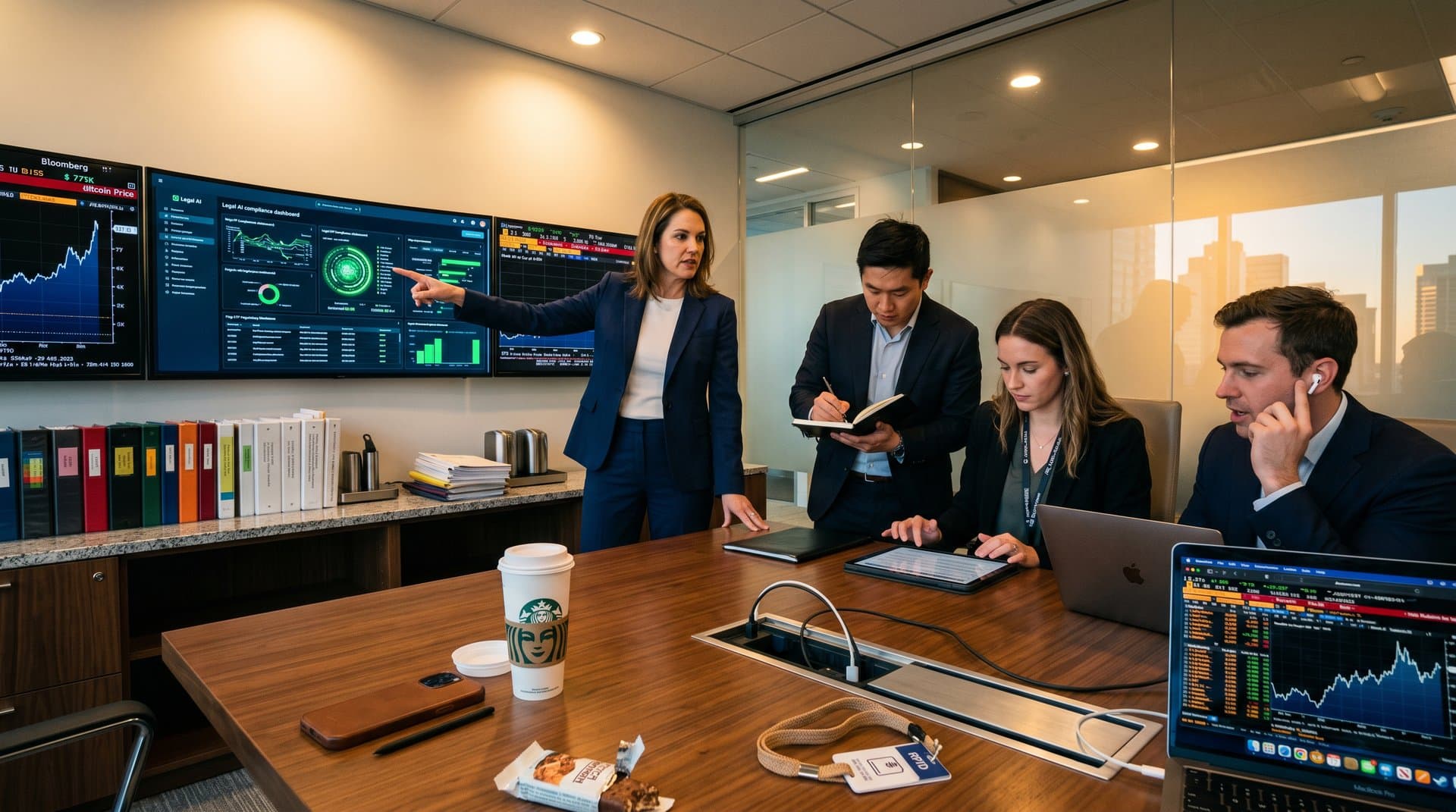 Managing partner and associates analyze legal AI on crypto docs beside Bloomberg terminal in luxury law firm conference room