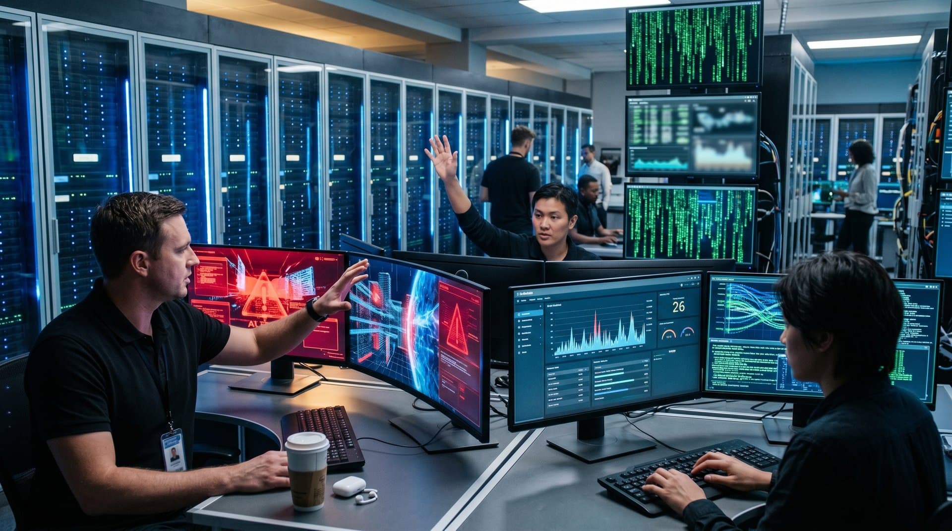 Futuristic cloud data center visualizing NSA agentic AI security with neural networks, blockchain, and breach warnings
