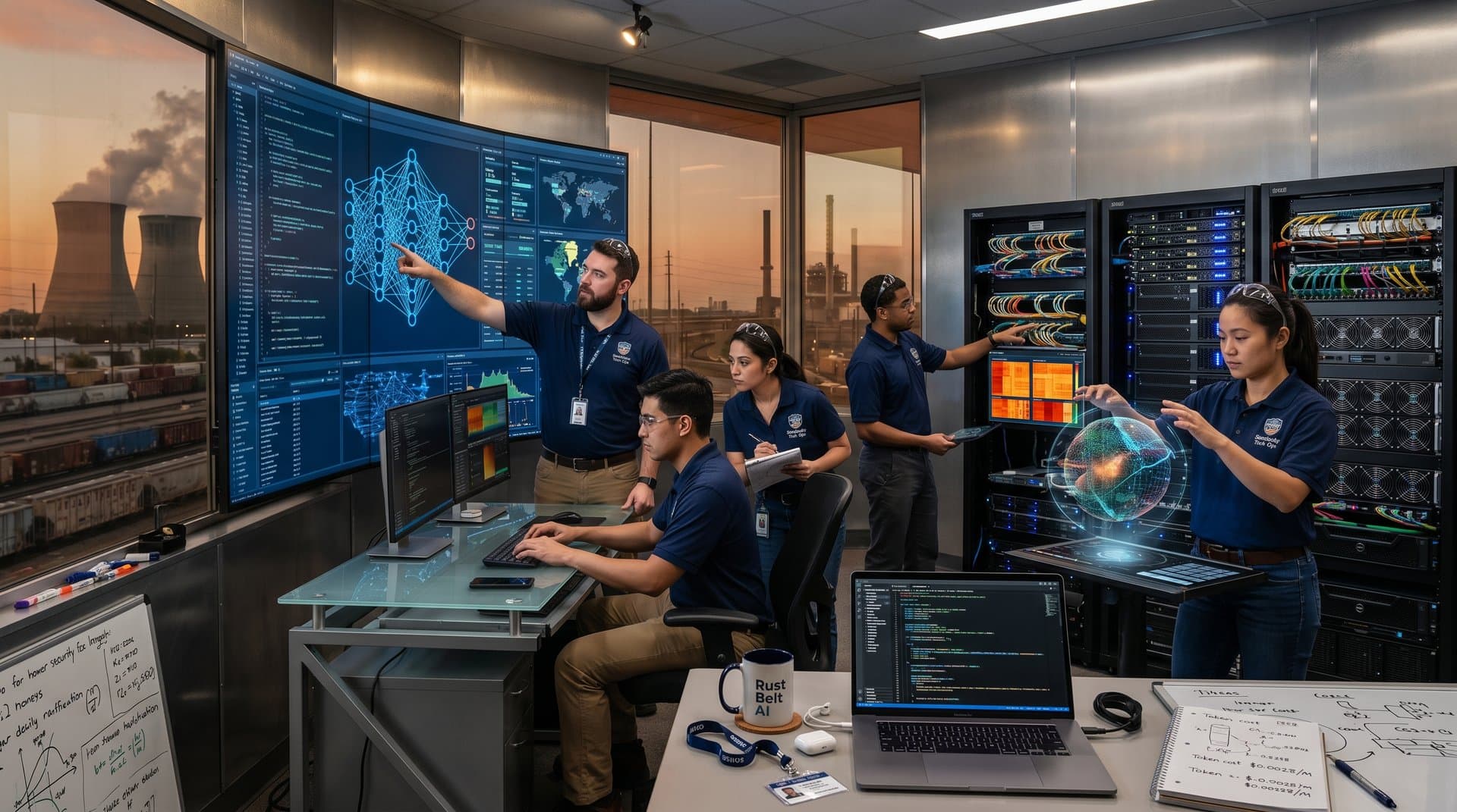 Engineers in Rust Belt cloud data center monitor AI workloads on multi-screens amid server racks and fiber optics