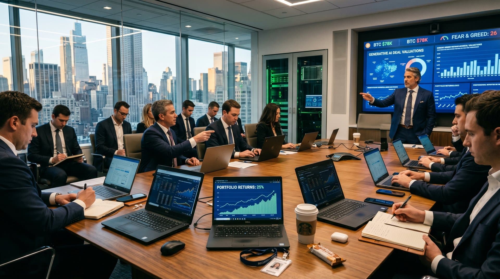 Private equity AI dashboards and crypto market charts on screens in high-tech boardroom