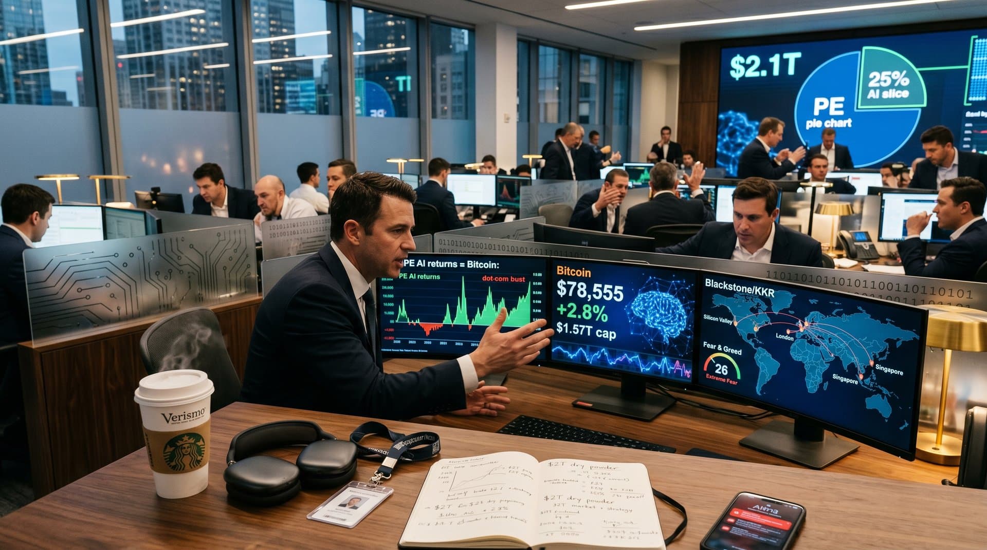 Trading desk screens display Private Equity AI performance, crypto prices at BTC $78,555, Fear Index 26, and deal flow maps in high-intensity market