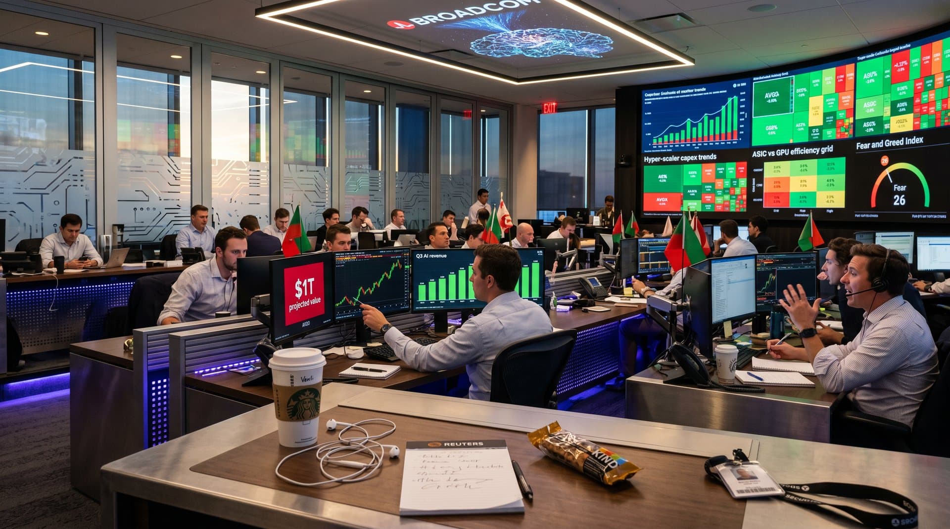 Trading floor analysts review Broadcom AI chip stock projections toward $1T and market sentiment data