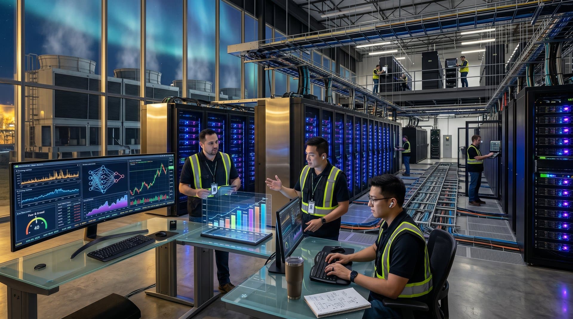 Futuristic data center with NVIDIA GPU racks, AI metrics, and BTC charts on monitors