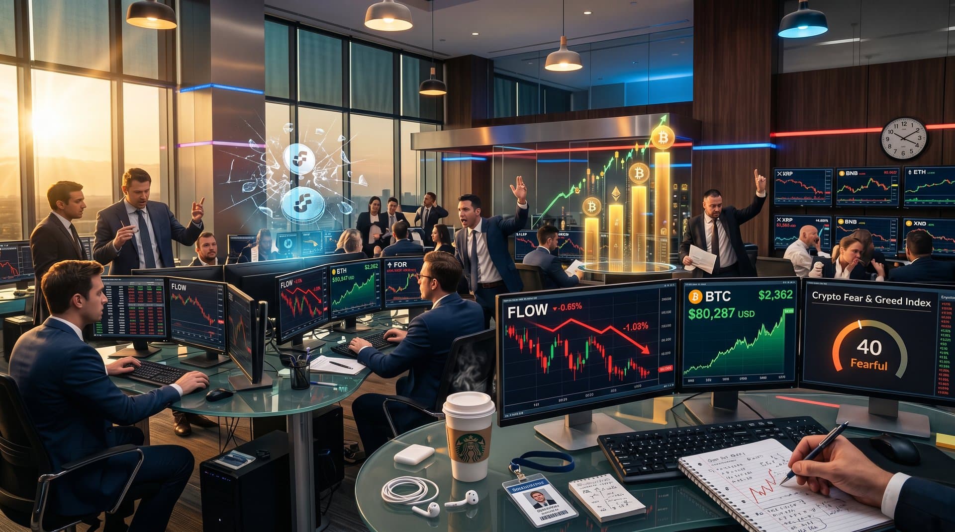Trading floor screens showing FLOW crypto investor losses, BTC at $80K, Fear & Greed Index at 40 in modern finance office