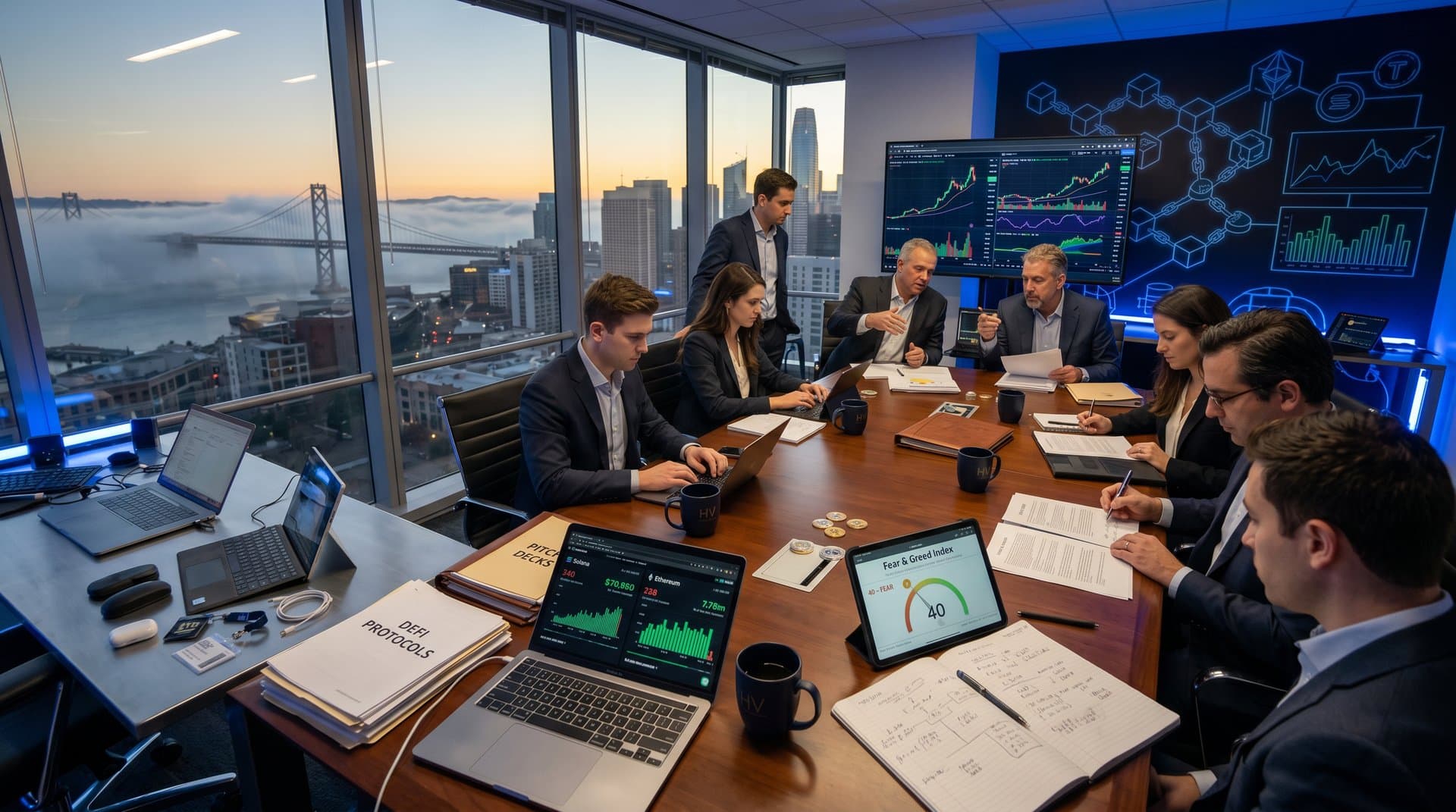 Modern VC office with crypto charts and blockchain visuals signaling Katie Haun $1 billion fund