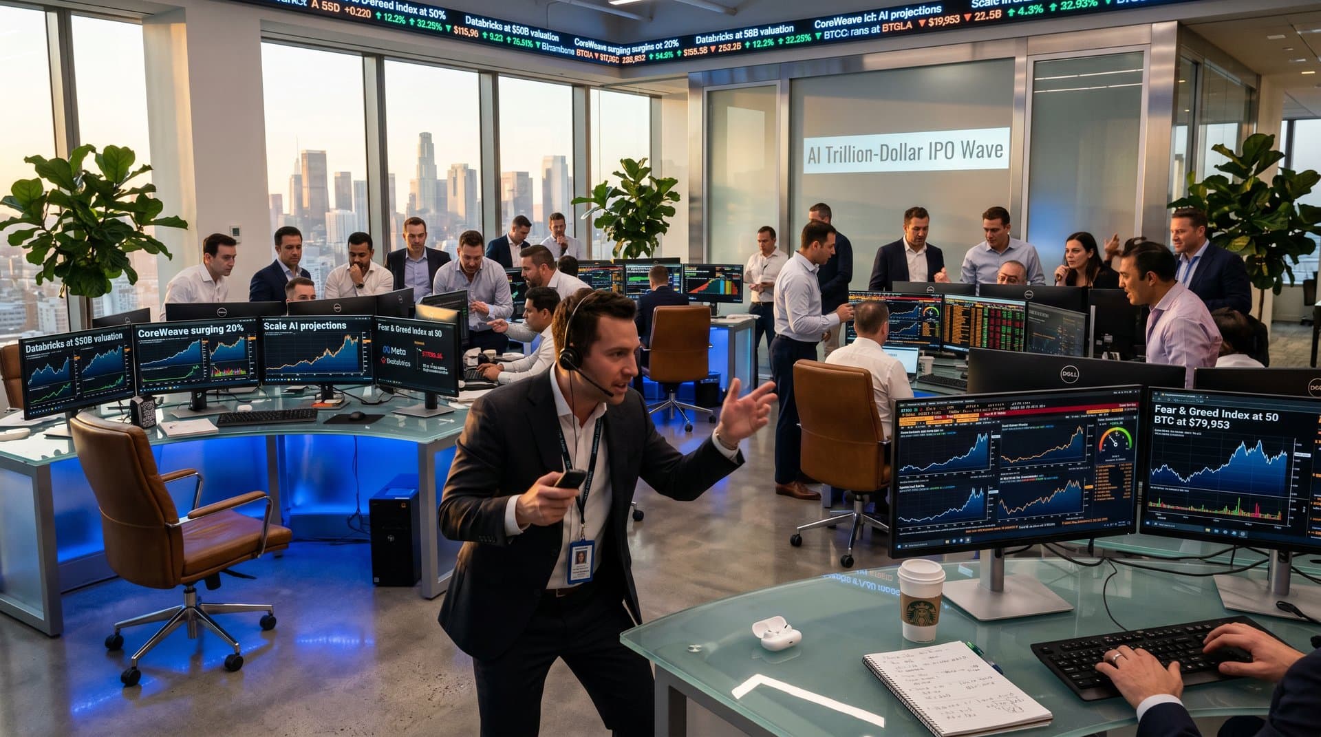 Trading floor monitors showing AI IPOs Databricks CoreWeave Scale AI targeting $1T valuations with market indicators