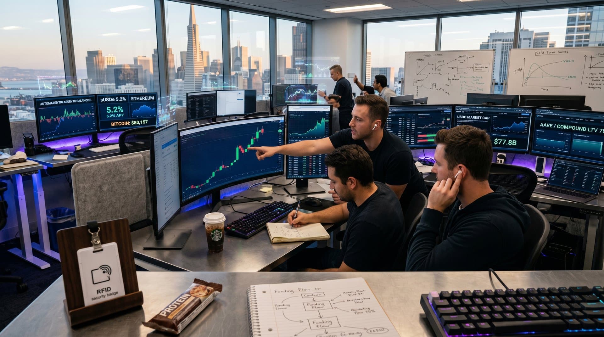 Fintech dashboard with Circle stock surge, USDC charts, DeFi tools in modern San Francisco office skyline view