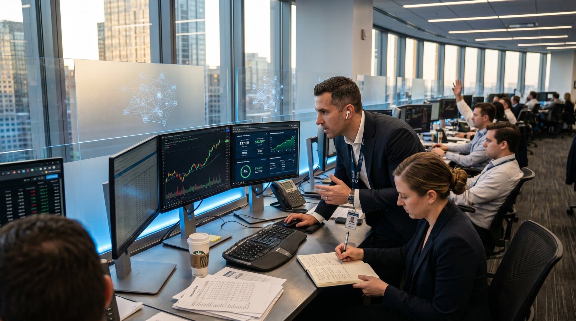 Fintech trading desk with Circle stock surge and USDC Treasury tools charts on monitors, modern skyline office with data visualizations