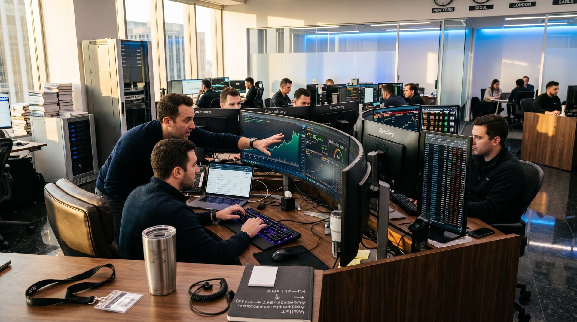 Trading desk with Bloomberg terminals showing Bitcoin at $80,475, Fear & Greed Index, and crypto treasury dashboards