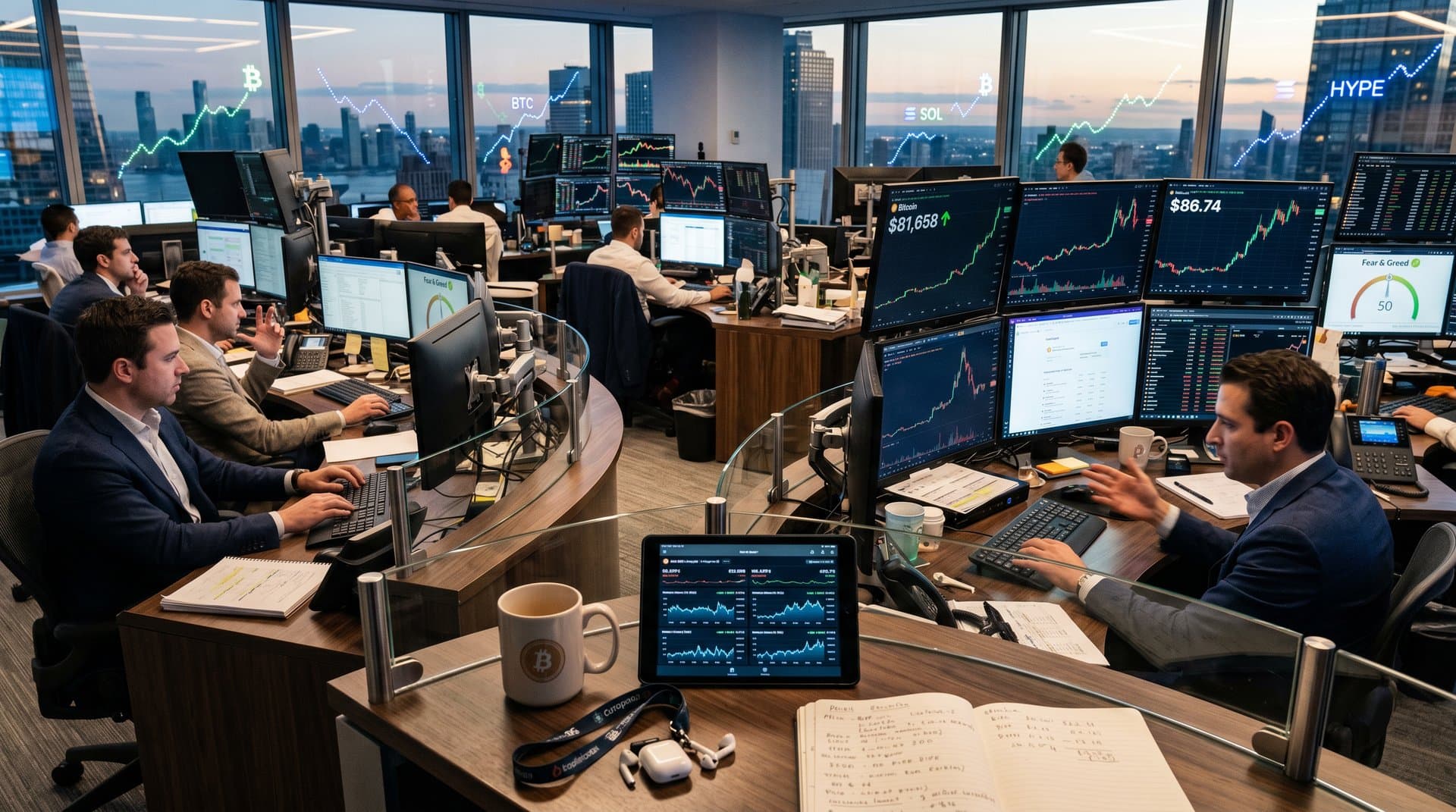 Trading floor analysts monitor crypto charts on Bloomberg terminals with Bitcoin at $81K and rising altcoins amid city skyline view
